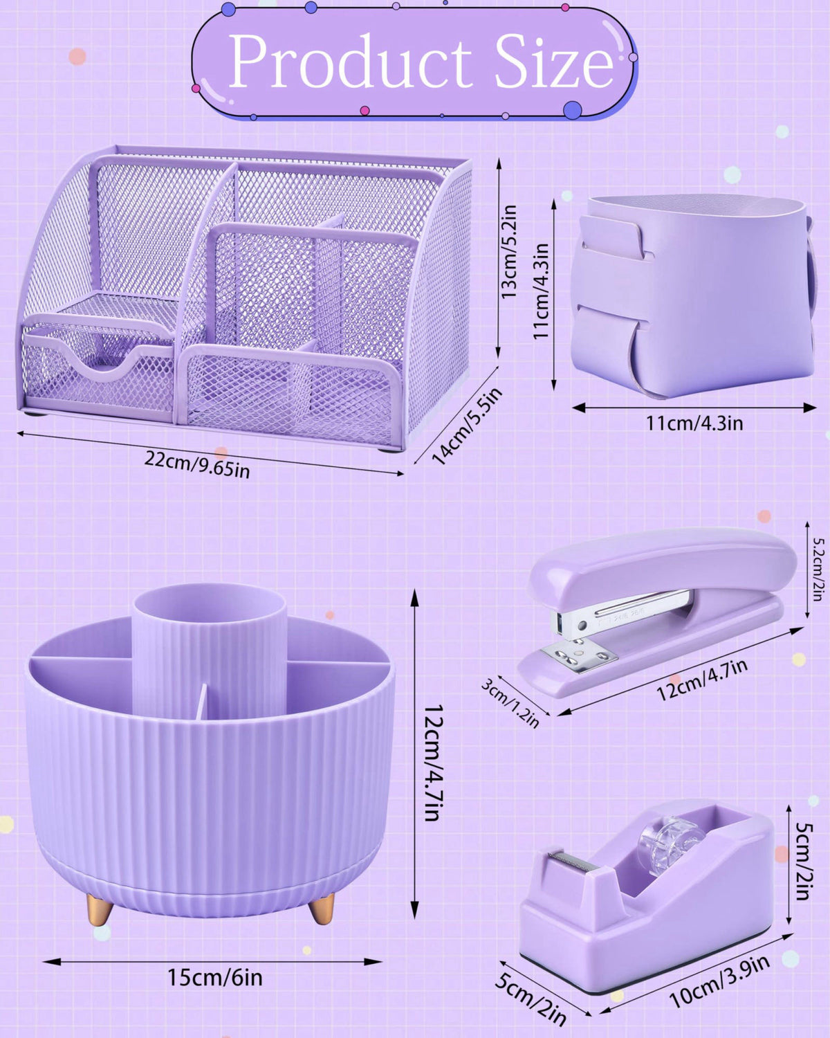 Vamrak Purple Desk Accessories and Organizers with Desk Organizer and 360°Rotating Pen Holder stapler Pen and a Lot of O