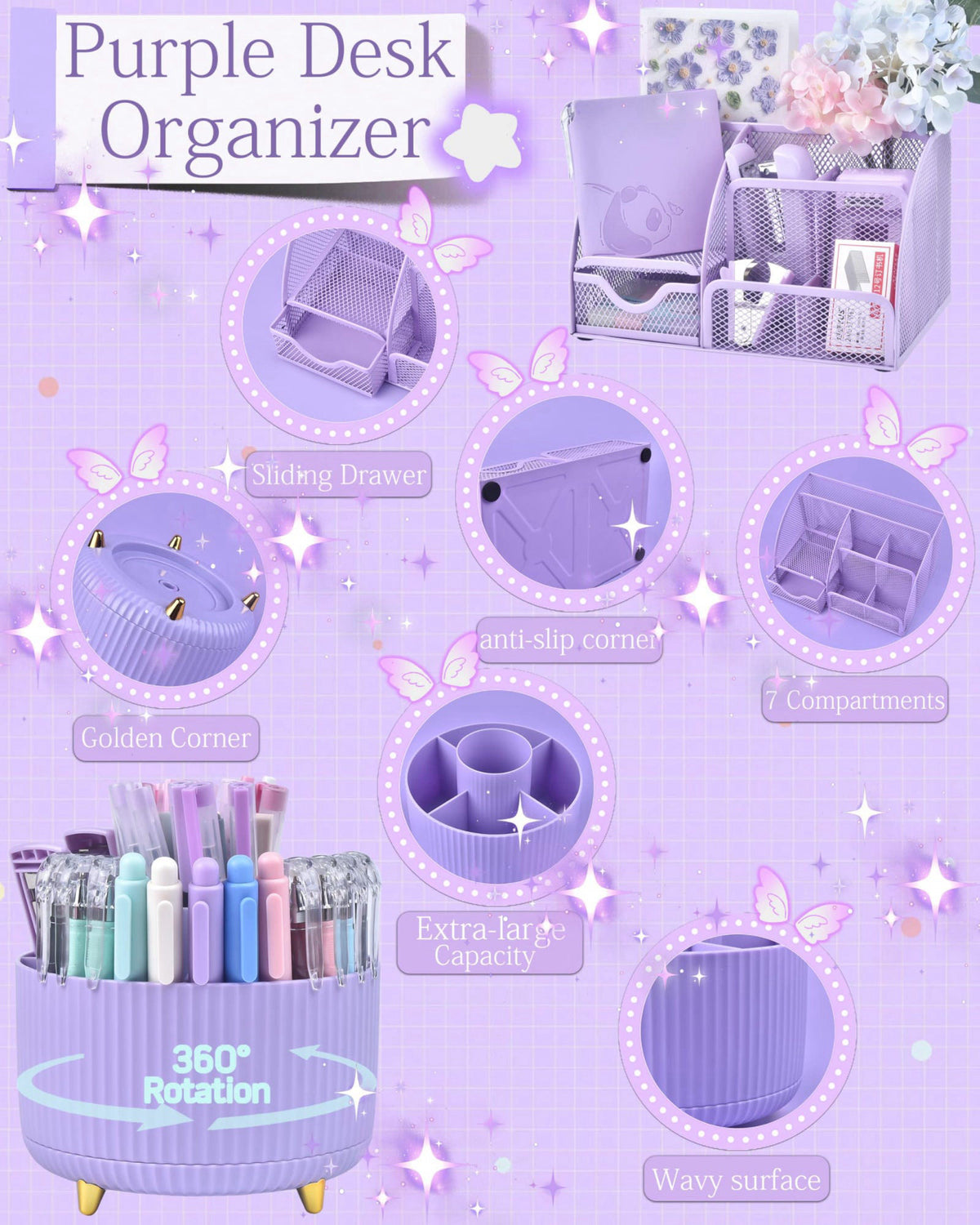 Vamrak Purple Desk Accessories and Organizers with Desk Organizer and 360°Rotating Pen Holder stapler Pen and a Lot of O