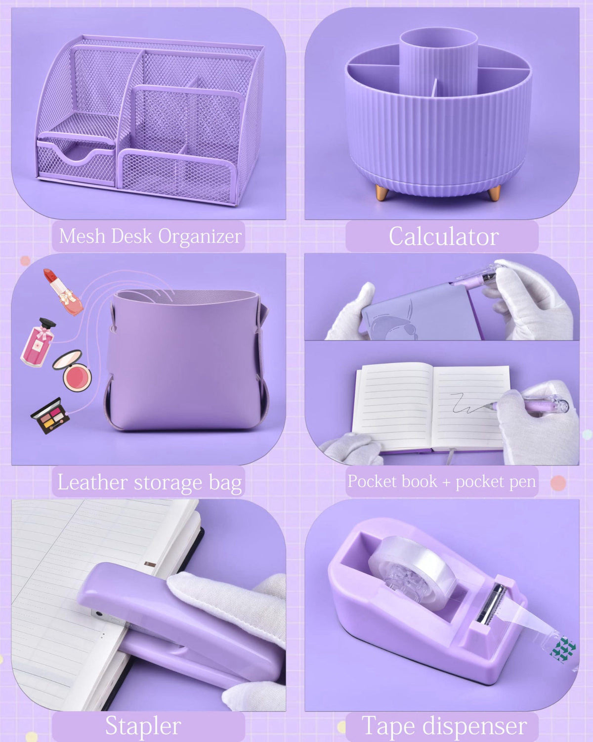 Vamrak Purple Desk Accessories and Organizers with Desk Organizer and 360°Rotating Pen Holder stapler Pen and a Lot of O