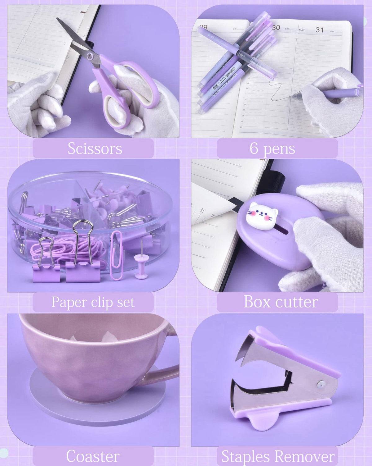 Vamrak Purple Desk Accessories and Organizers with Desk Organizer and 360°Rotating Pen Holder stapler Pen and a Lot of O