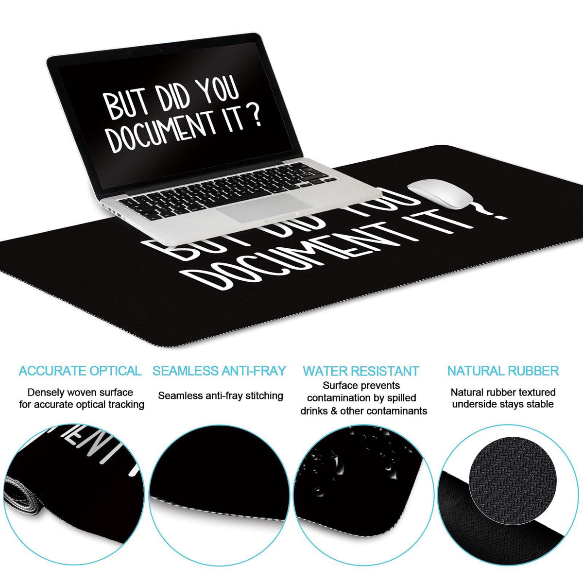 LIMKRIAN Black Mouse Pad Large Desk Mat Set, But Did You Document It Decor – packaging and label