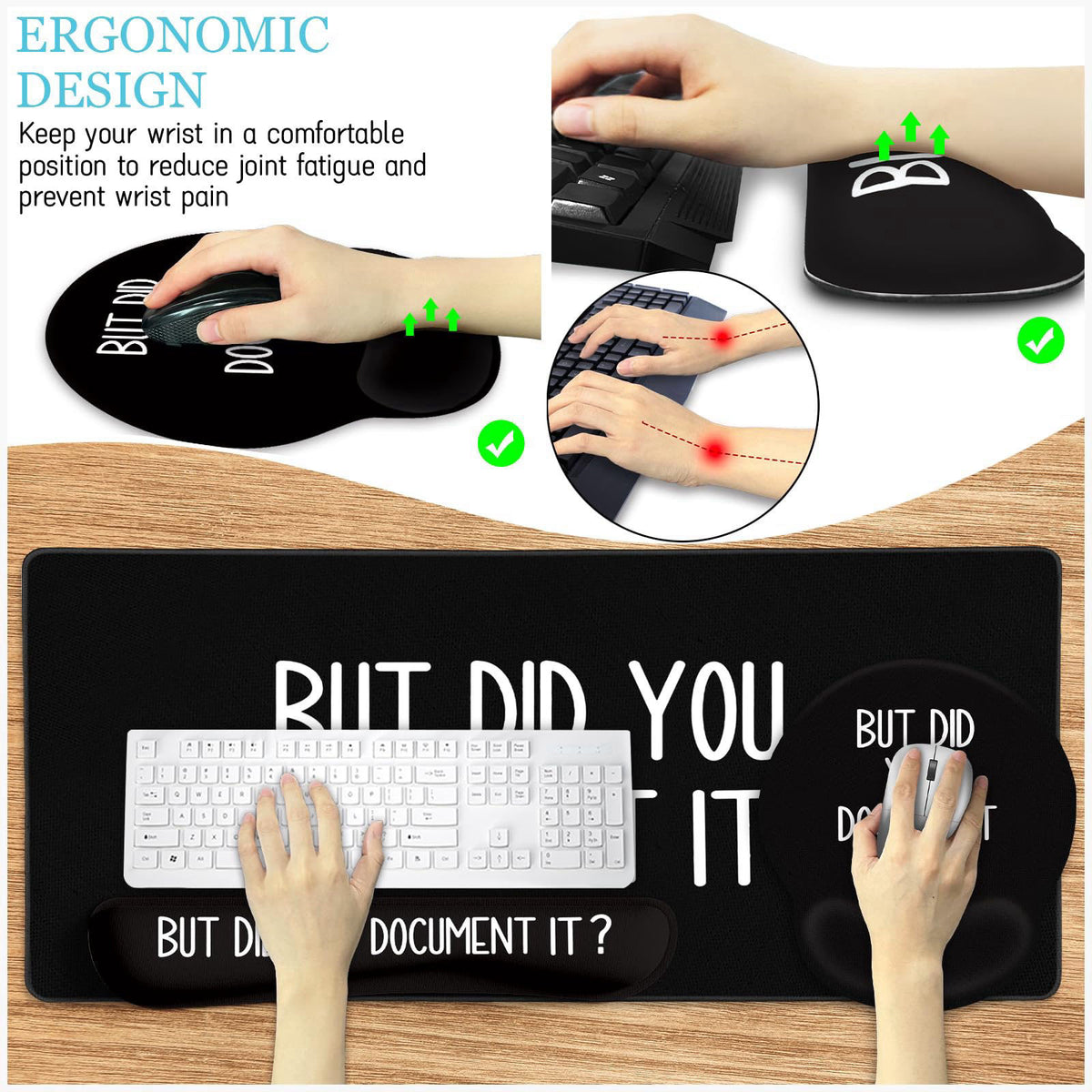 LIMKRIAN Black Mouse Pad Large Desk Mat Set, But Did You Document It Decor – back view and specifications