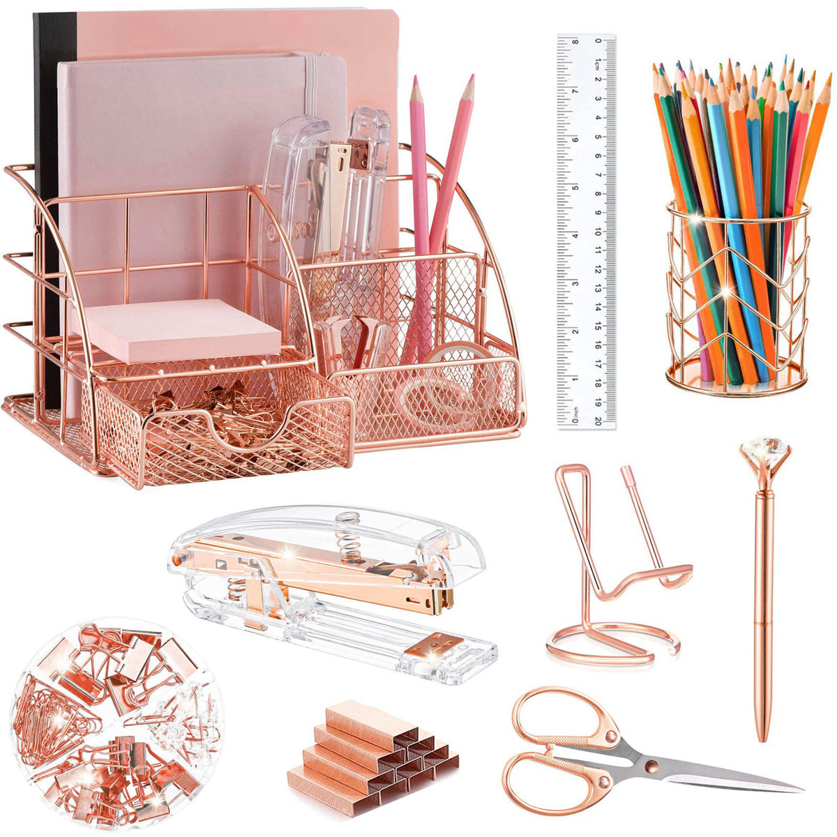 KAAKOW Rose Gold Desk Organizers and Accessories Office Supplies Set Stapler, Pen Holder, Phone Holder, Scissors, Pen, R