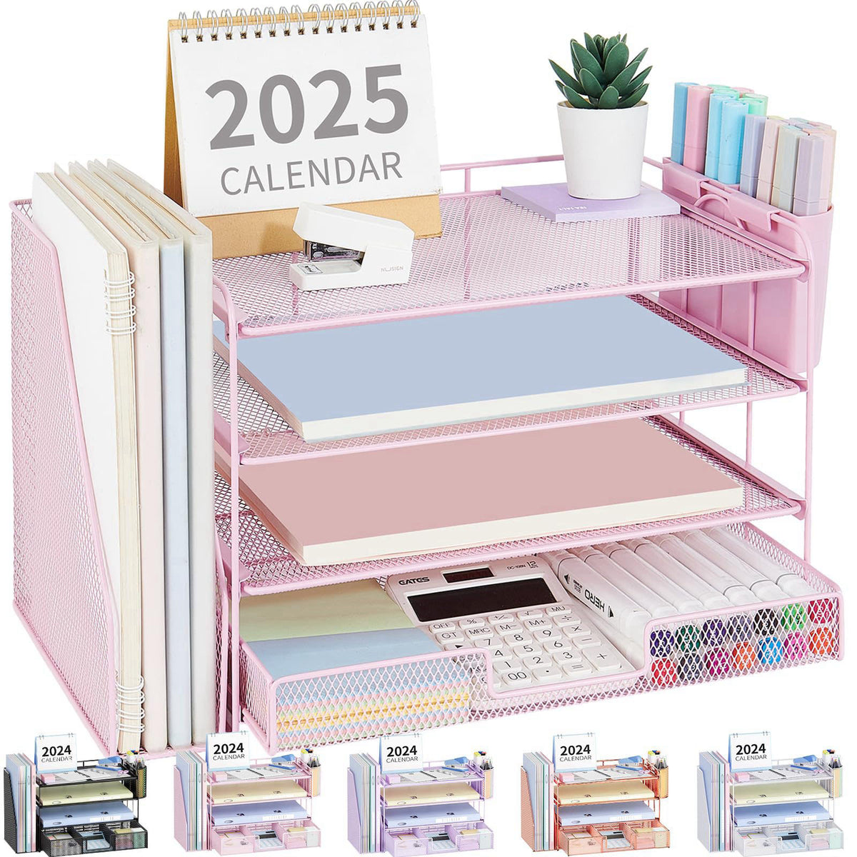 OPNICE Desk Organizer, 4-Tier Desktop File Organizer with Drawer and Pen Holders, Office Desk Accessories, File Sorters,