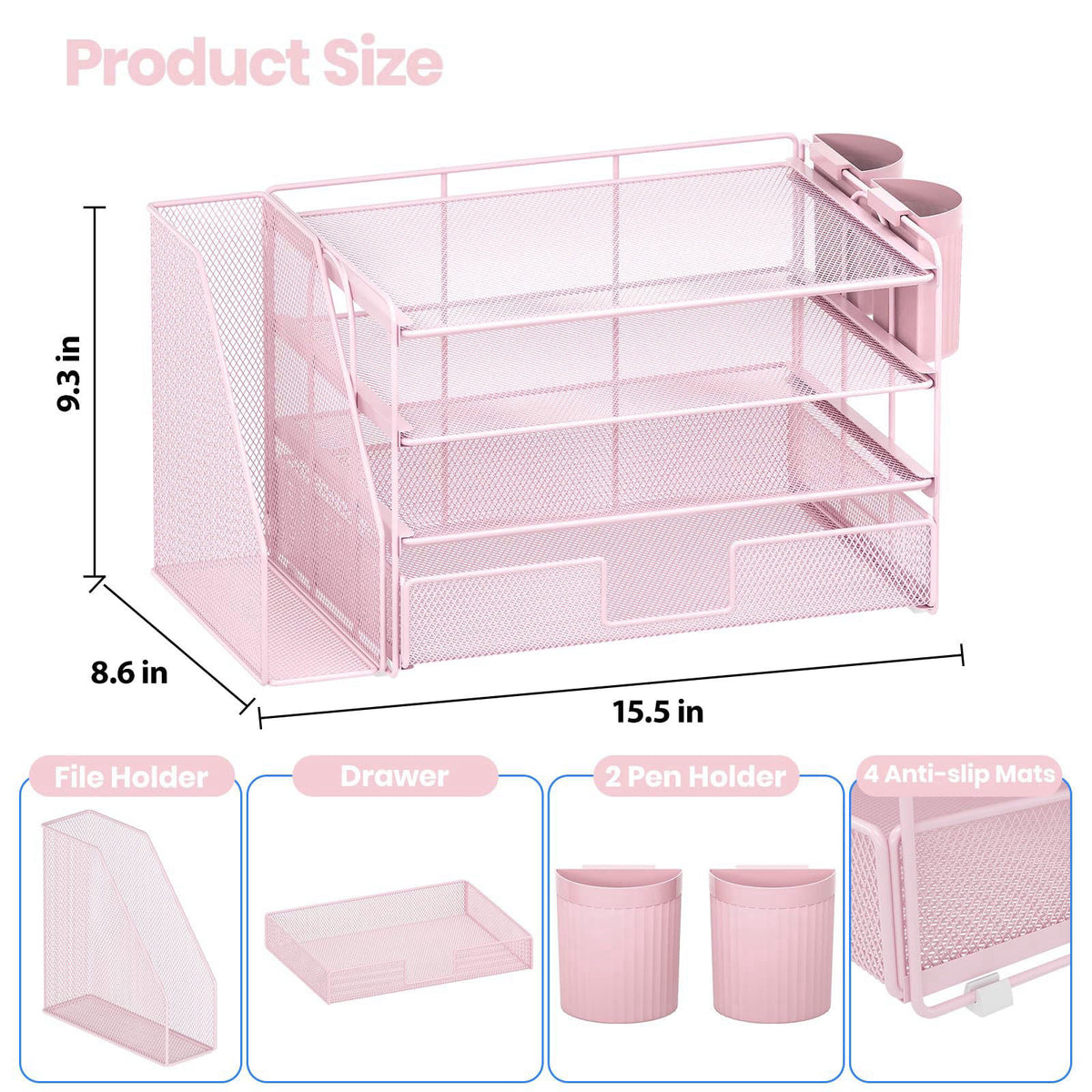 OPNICE Desk Organizer, 4-Tier Desktop File Organizer with Drawer and Pen Holders, Office Desk Accessories, File Sorters,