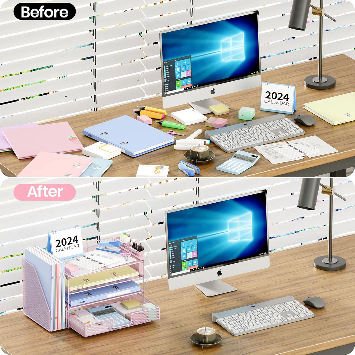 OPNICE Desk Organizer, 4-Tier Desktop File Organizer with Drawer and Pen Holders, Office Desk Accessories, File Sorters,