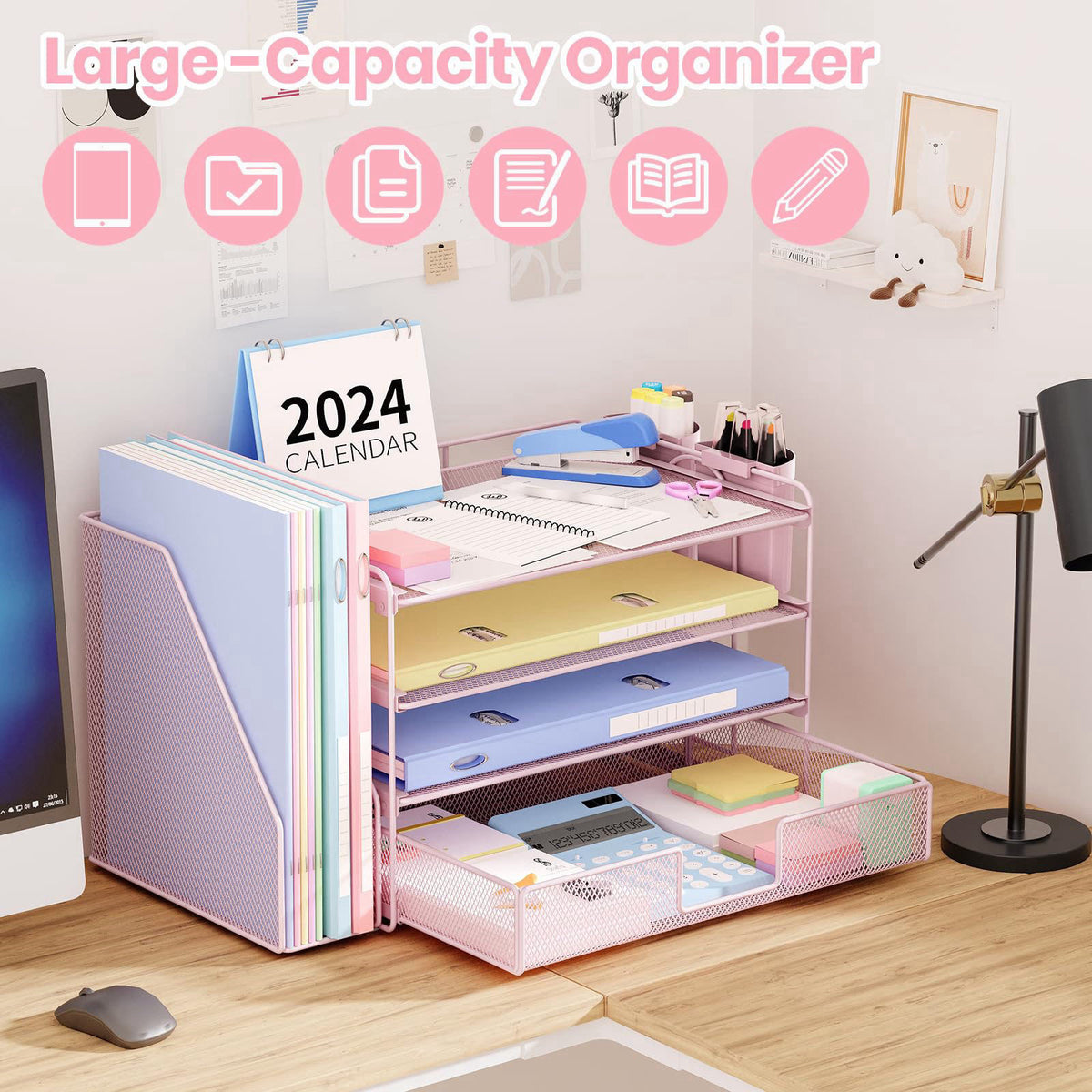 OPNICE Desk Organizer, 4-Tier Desktop File Organizer with Drawer and Pen Holders, Office Desk Accessories, File Sorters,