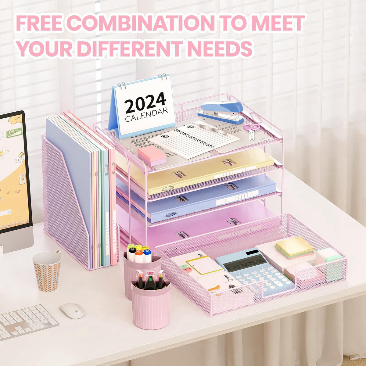 OPNICE Desk Organizer, 4-Tier Desktop File Organizer with Drawer and Pen Holders, Office Desk Accessories, File Sorters,