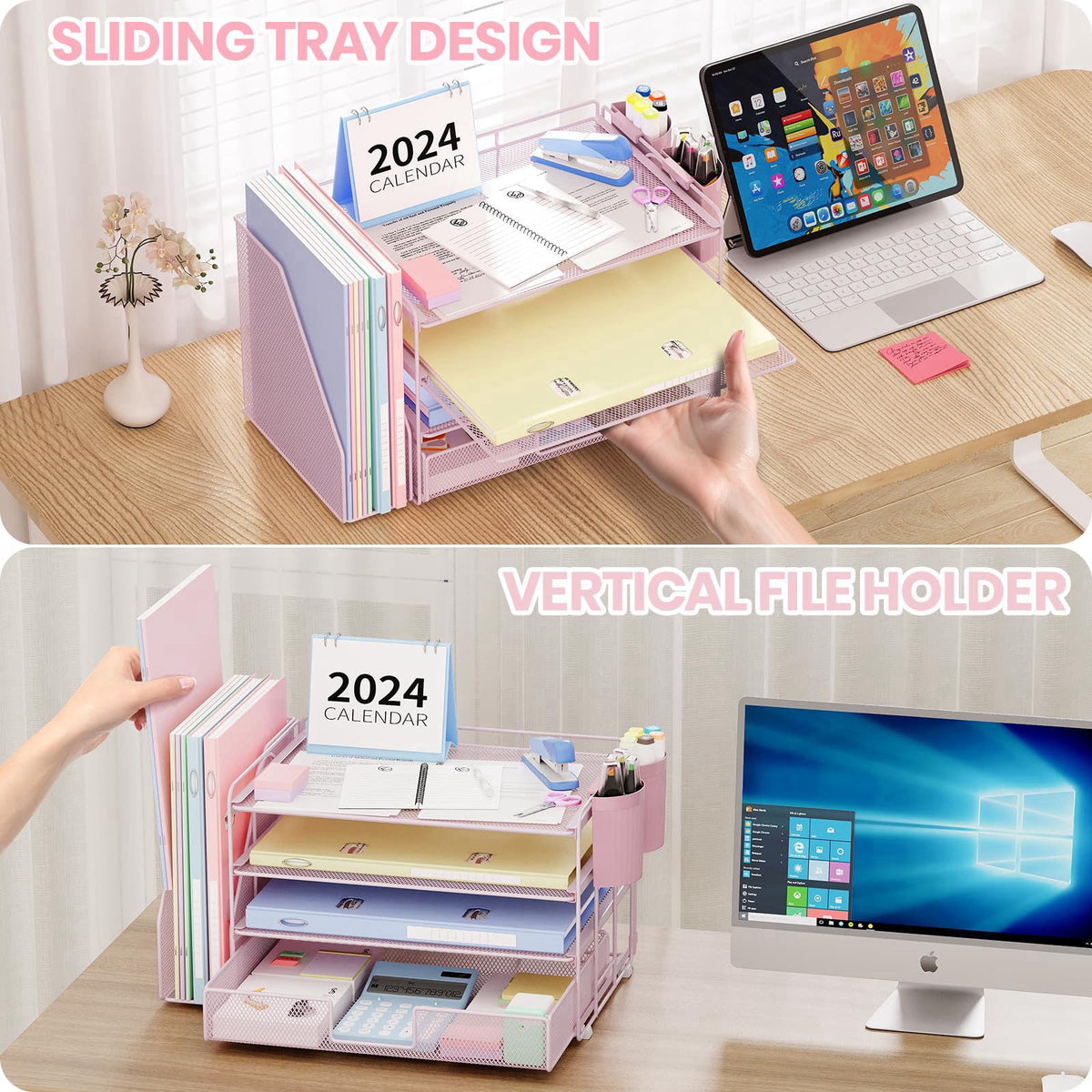 OPNICE Desk Organizer, 4-Tier Desktop File Organizer with Drawer and Pen Holders, Office Desk Accessories, File Sorters,