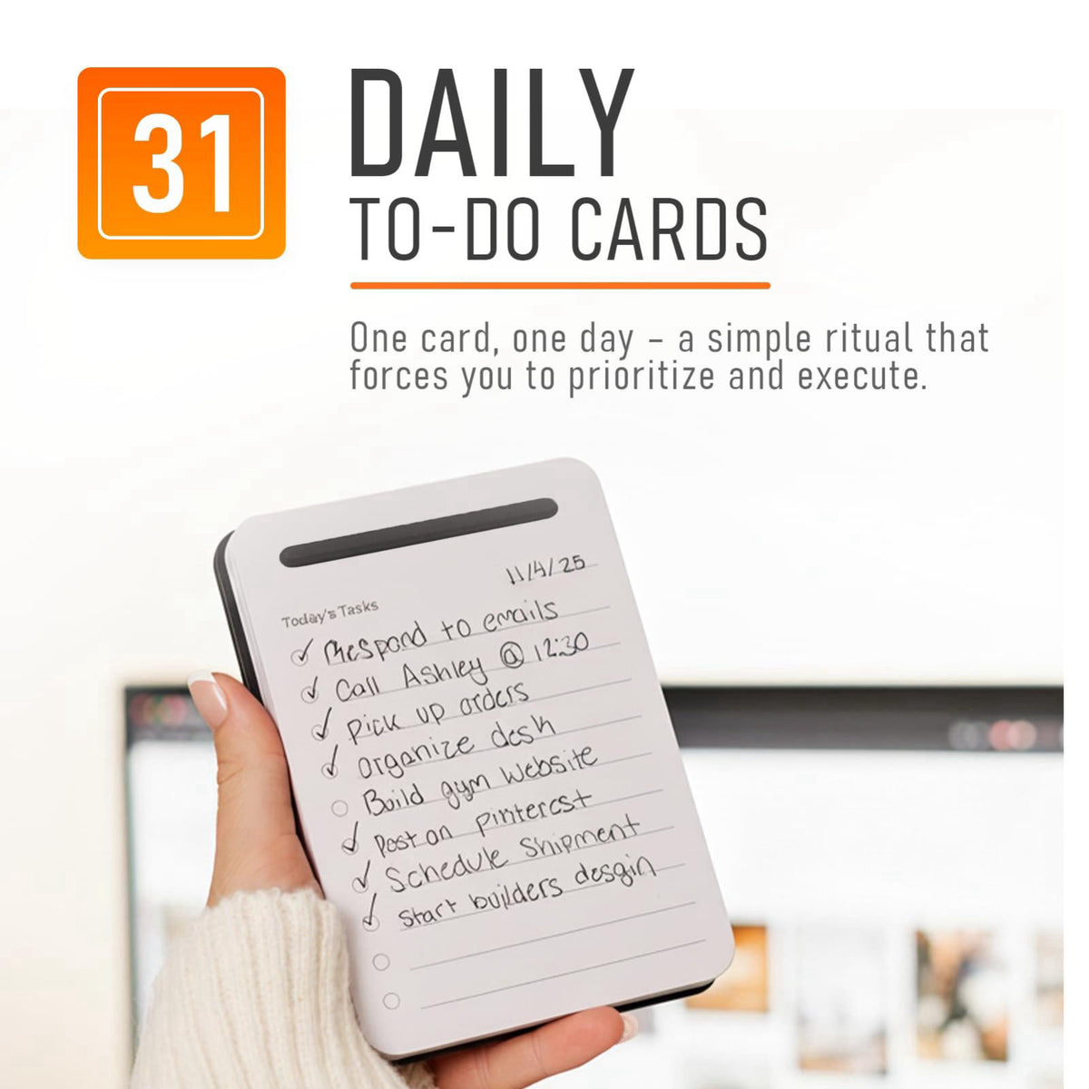 Mayurki Unstoppable Tasks – 31 Blank Daily To-Do Cards with Aluminum Desk Card Holder, Minimalist Office Productivity To