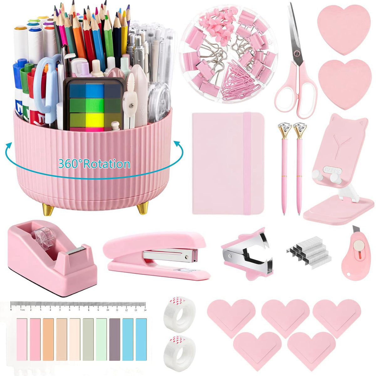 suniya Office Supplies,Pink Desk Accessories,Desk Organizer,Stapler,Tape Dispenser,Folding Phone Stand,Scissors,Notebook