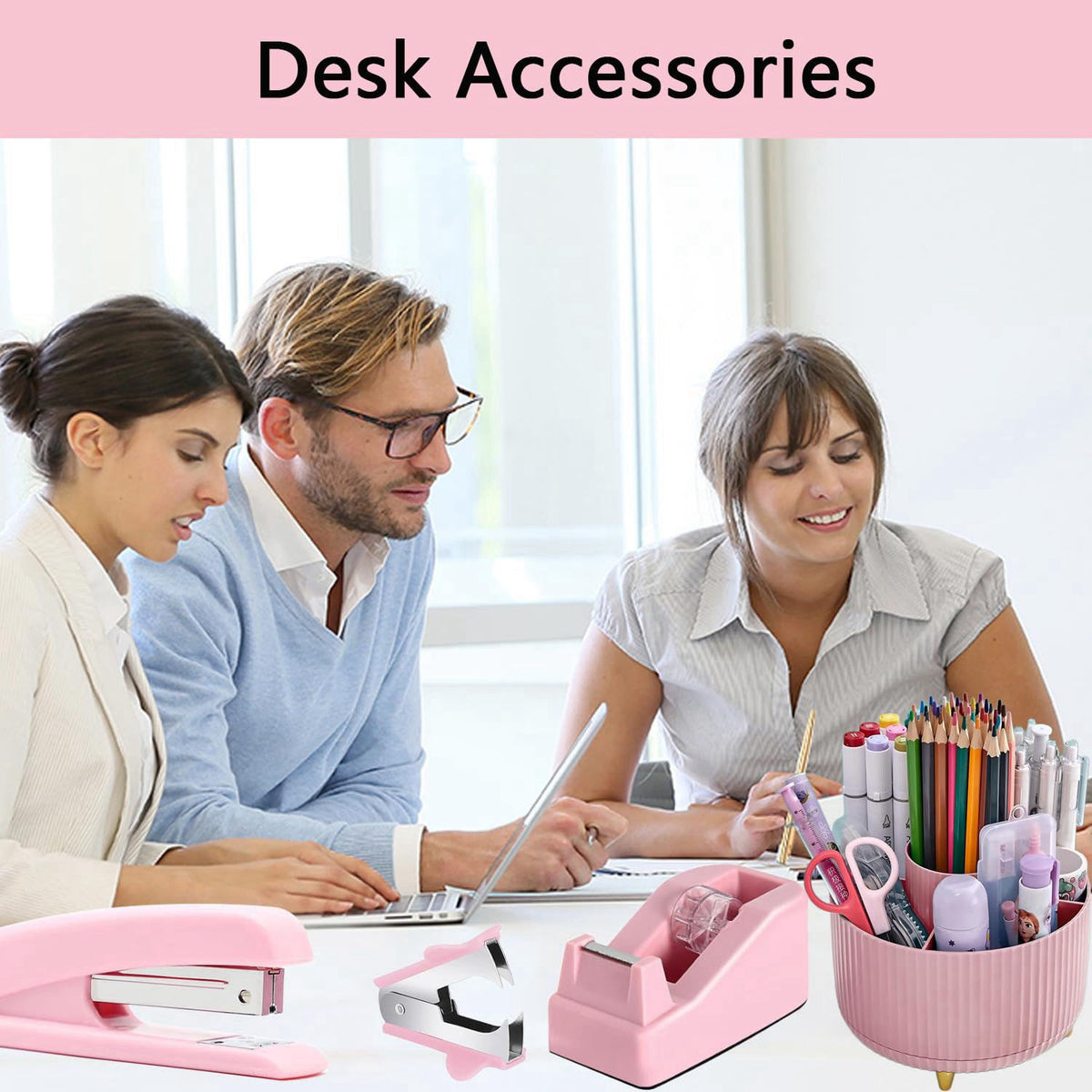 suniya Office Supplies,Pink Desk Accessories,Desk Organizer,Stapler,Tape Dispenser,Folding Phone Stand,Scissors,Notebook