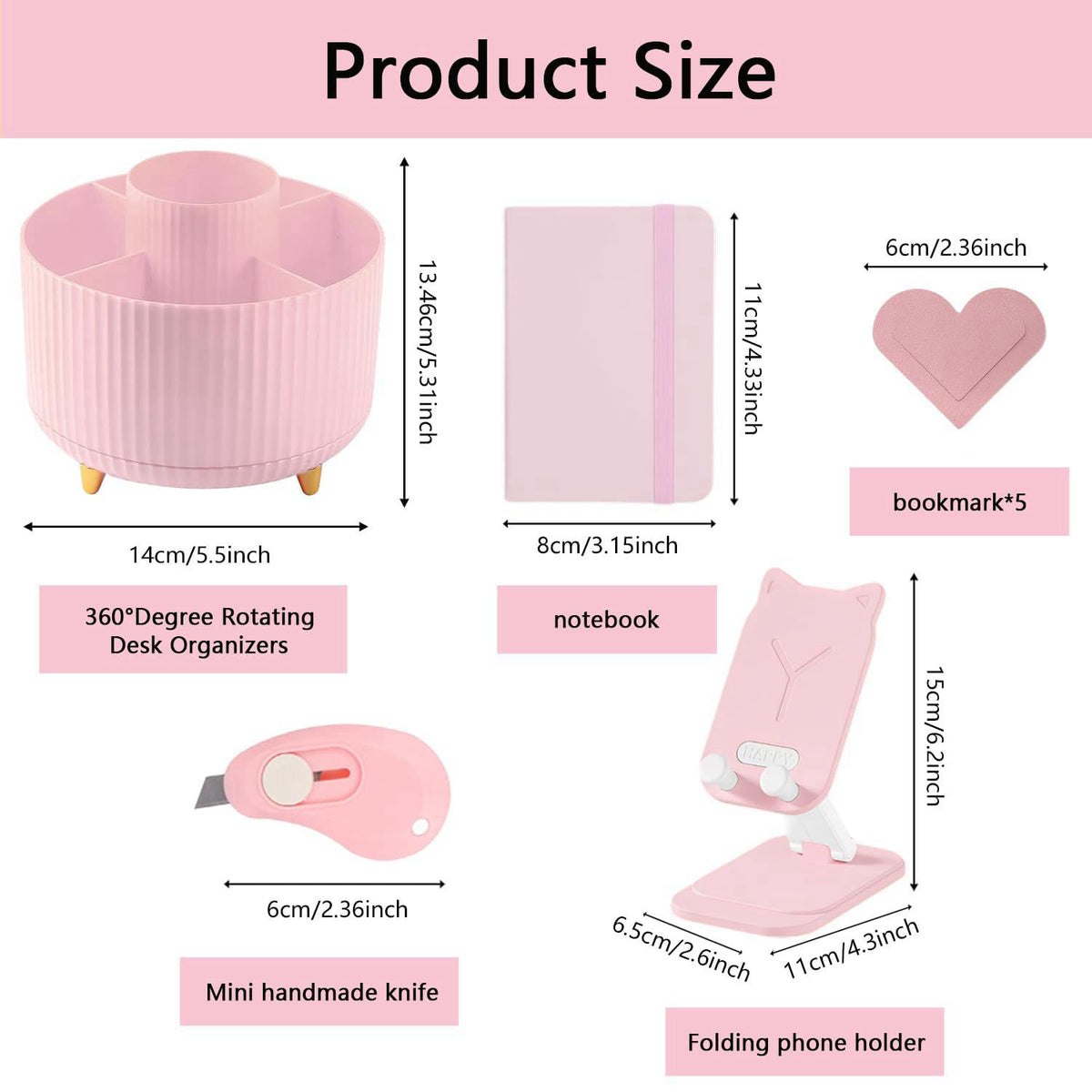 suniya Office Supplies,Pink Desk Accessories,Desk Organizer,Stapler,Tape Dispenser,Folding Phone Stand,Scissors,Notebook