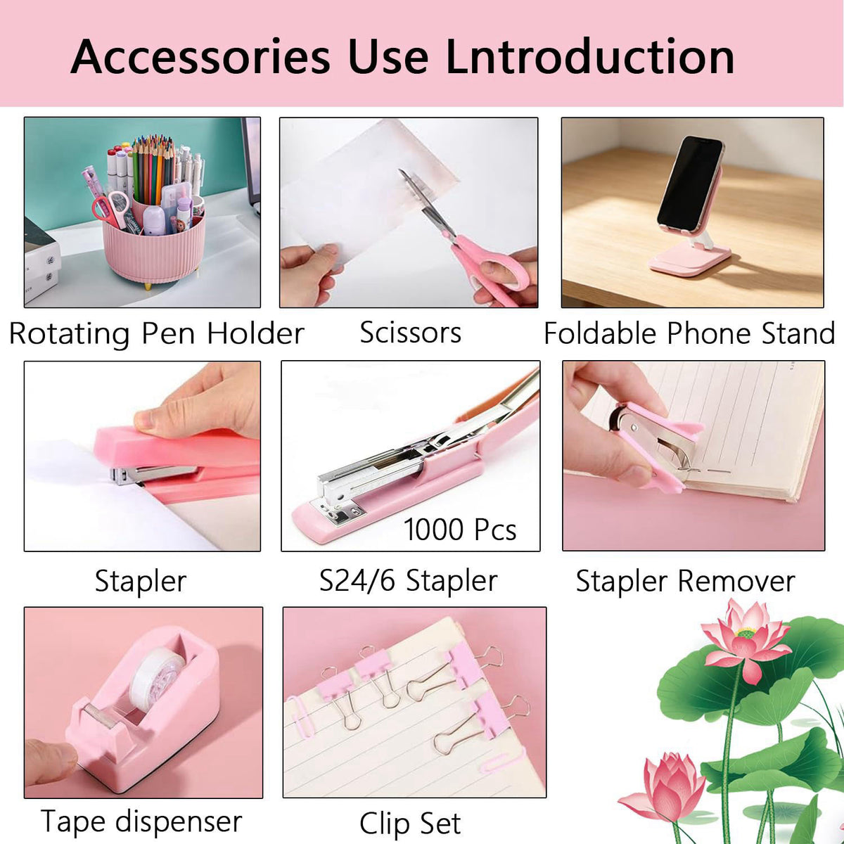 suniya Office Supplies,Pink Desk Accessories,Desk Organizer,Stapler,Tape Dispenser,Folding Phone Stand,Scissors,Notebook