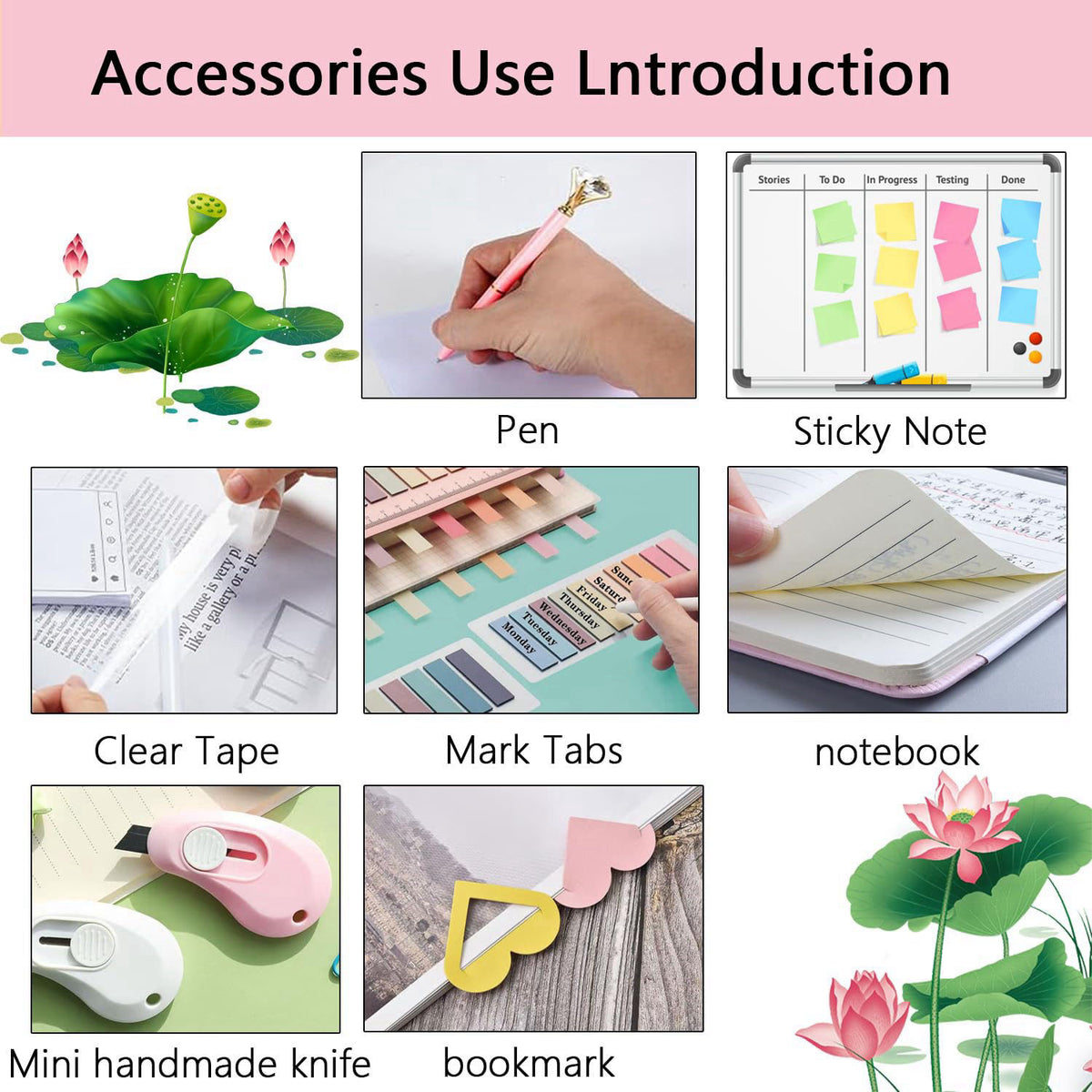 suniya Office Supplies,Pink Desk Accessories,Desk Organizer,Stapler,Tape Dispenser,Folding Phone Stand,Scissors,Notebook
