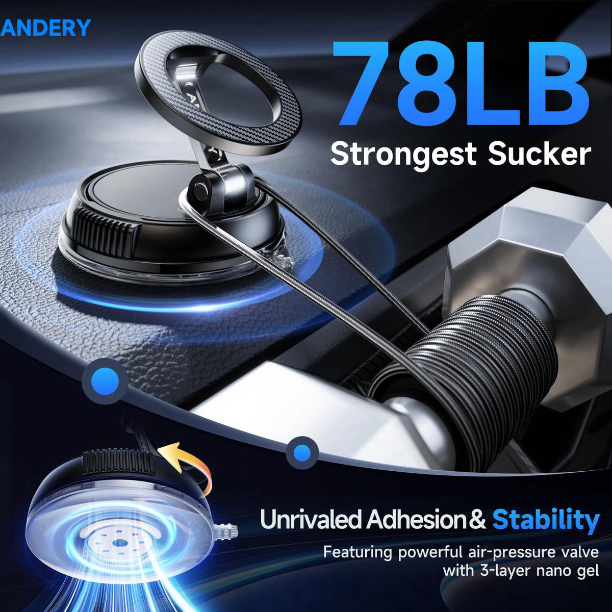 ANDERY Compact Foldable Car Phone Holder for Magsafe [78+LBS Strongest Suction & 2400gf Strongest Magnetic] 360° Adjusta