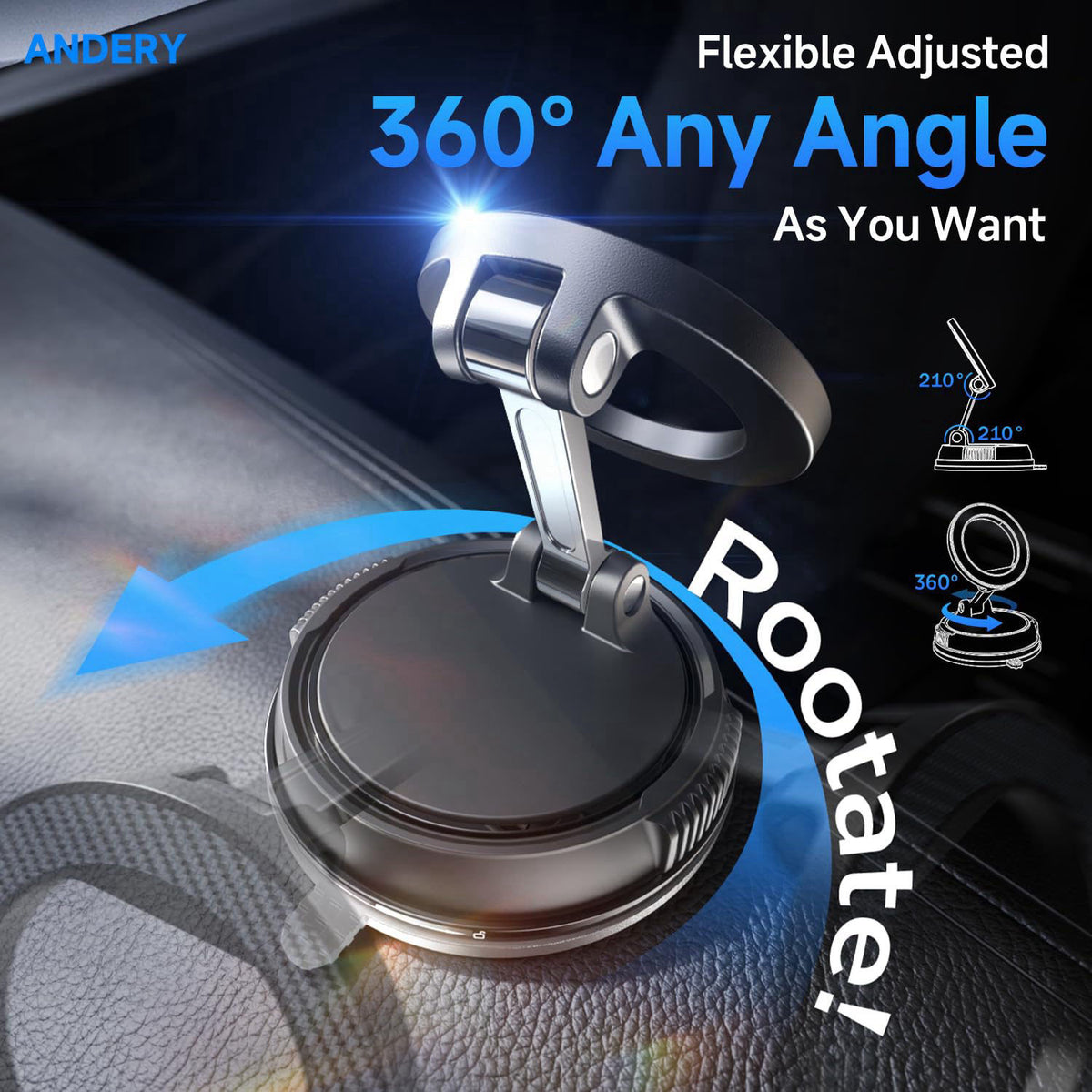 ANDERY Compact Foldable Car Phone Holder for Magsafe [78+LBS Strongest Suction & 2400gf Strongest Magnetic] 360° Adjusta