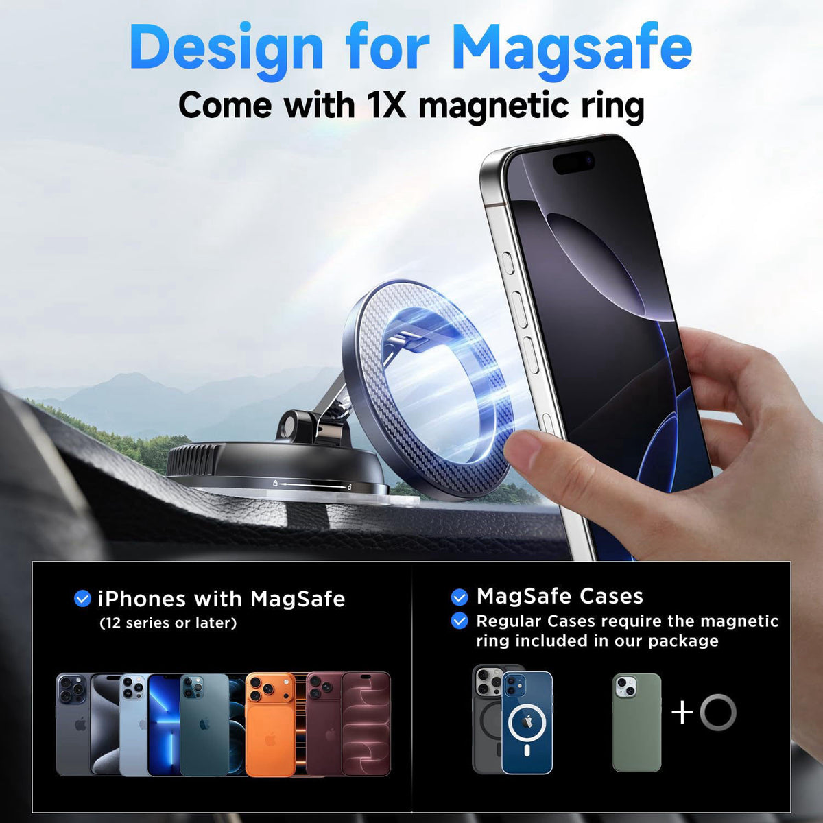 ANDERY Compact Foldable Car Phone Holder for Magsafe [78+LBS Strongest Suction & 2400gf Strongest Magnetic] 360° Adjusta