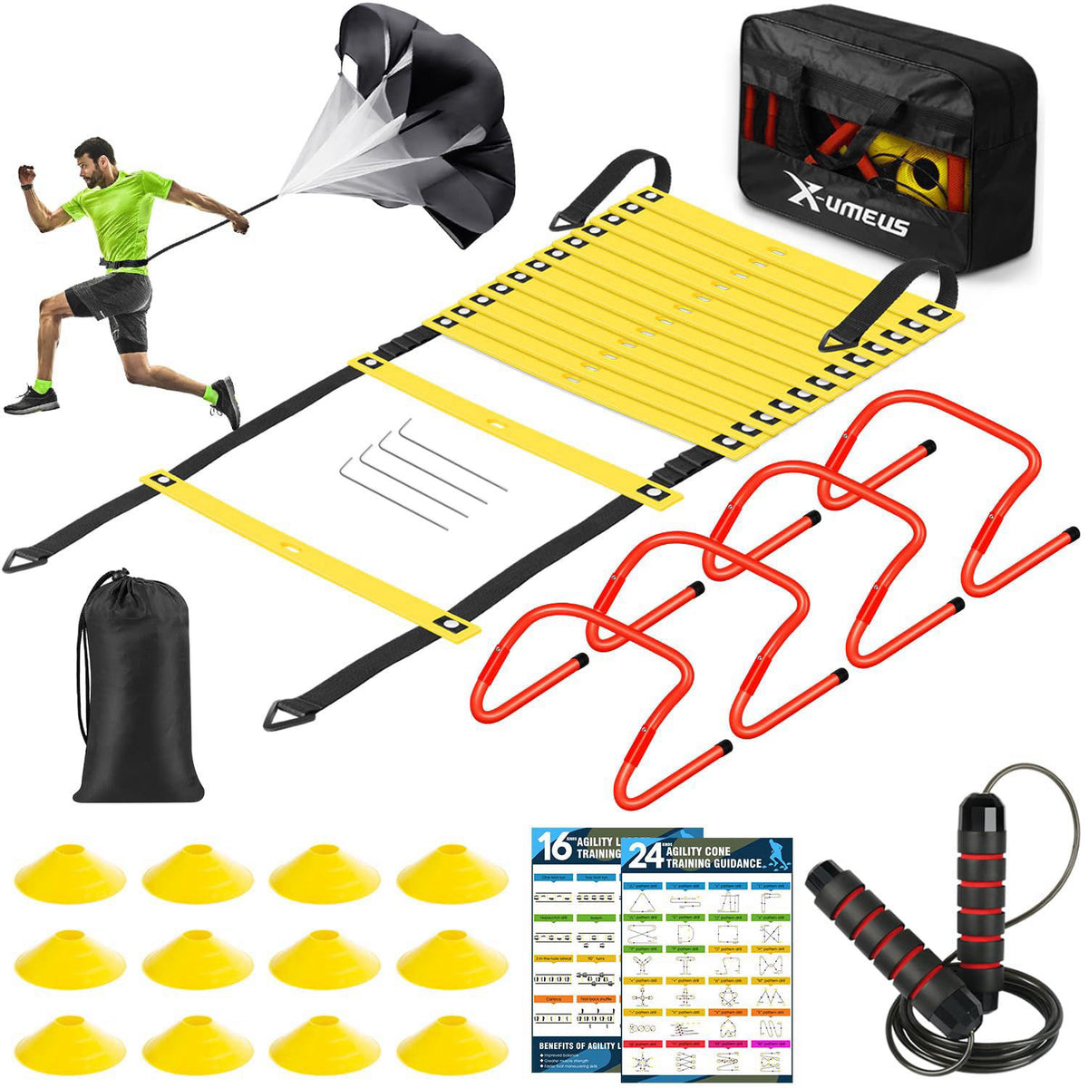 X-UMEUS Agility Ladder Speed Training Equipment Set-20ft Agility Ladder,12 Soccer Cones,4 Hurdles, Jump Rope, Running Pa