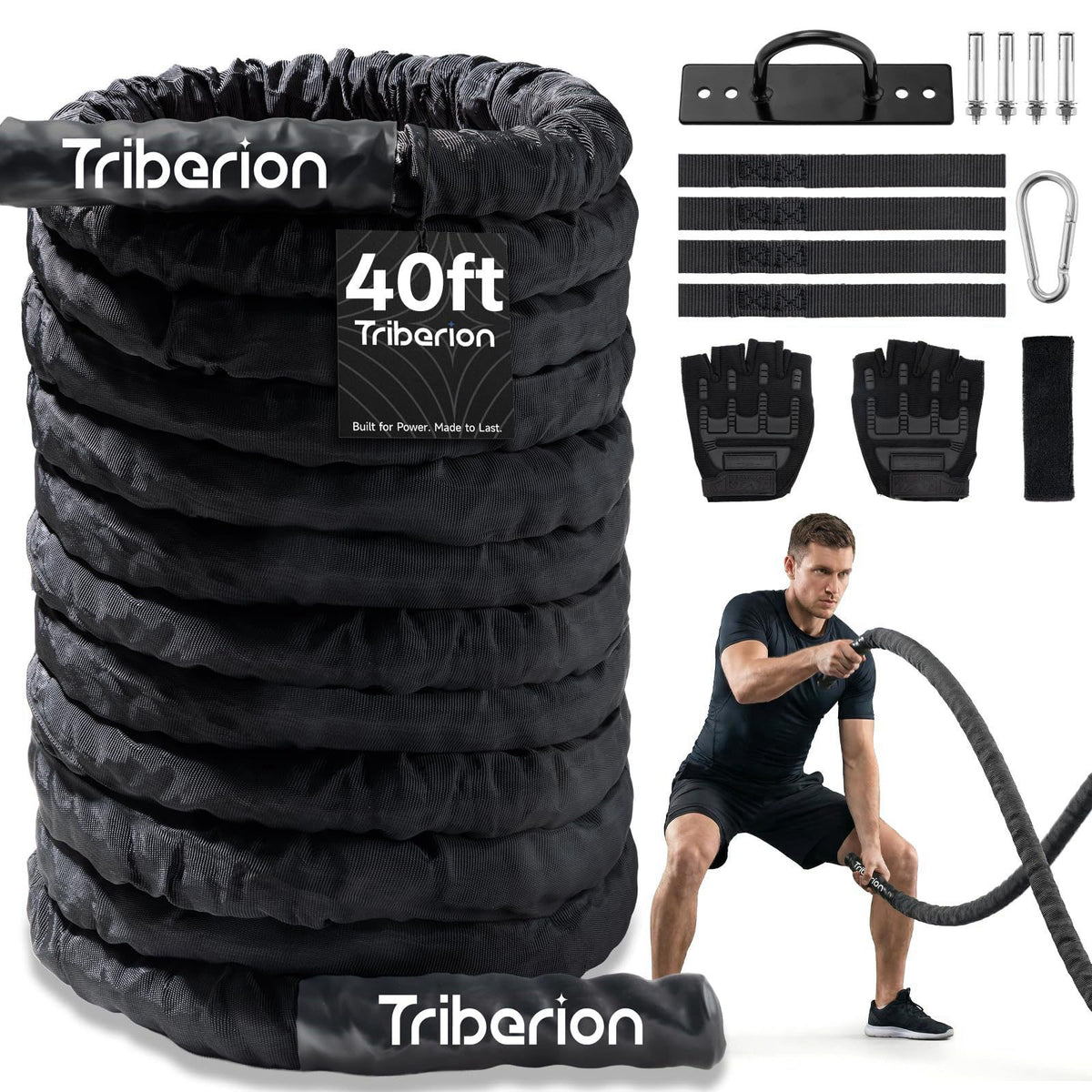 Triberion Battle Rope for Home Gym Workout - 1.5 Inch 40ft Heavy Weighted Training Exercise Ropes Fitness Equipment with