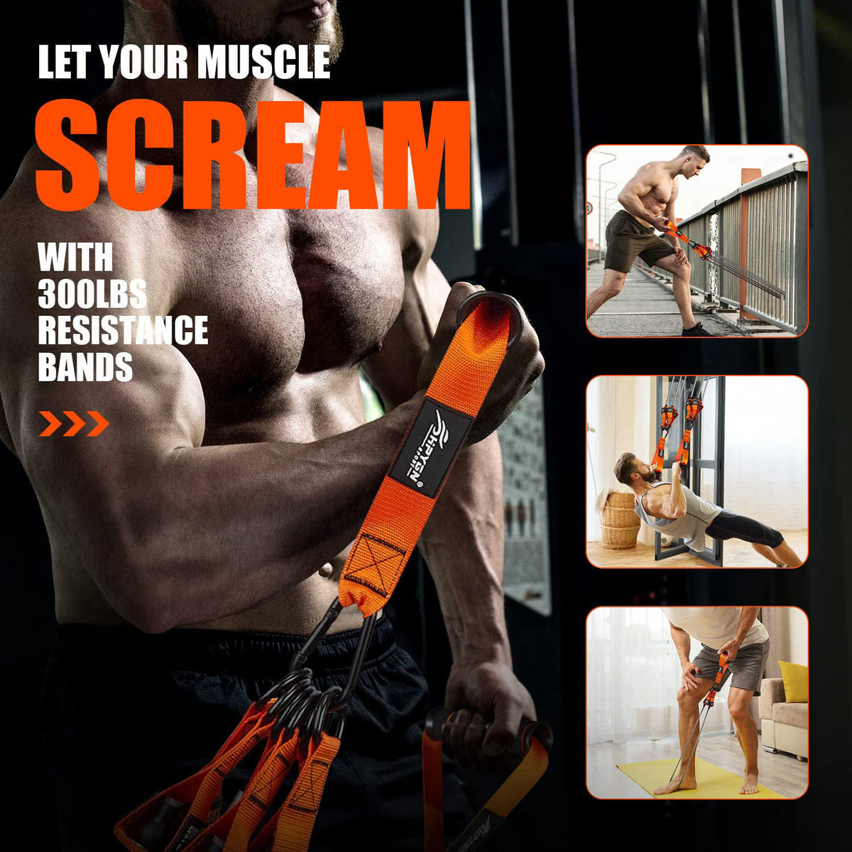 HPYGN Heavy Resistance Bands with Handles, 300 lb Exercise Bands for Men – back view and specifications