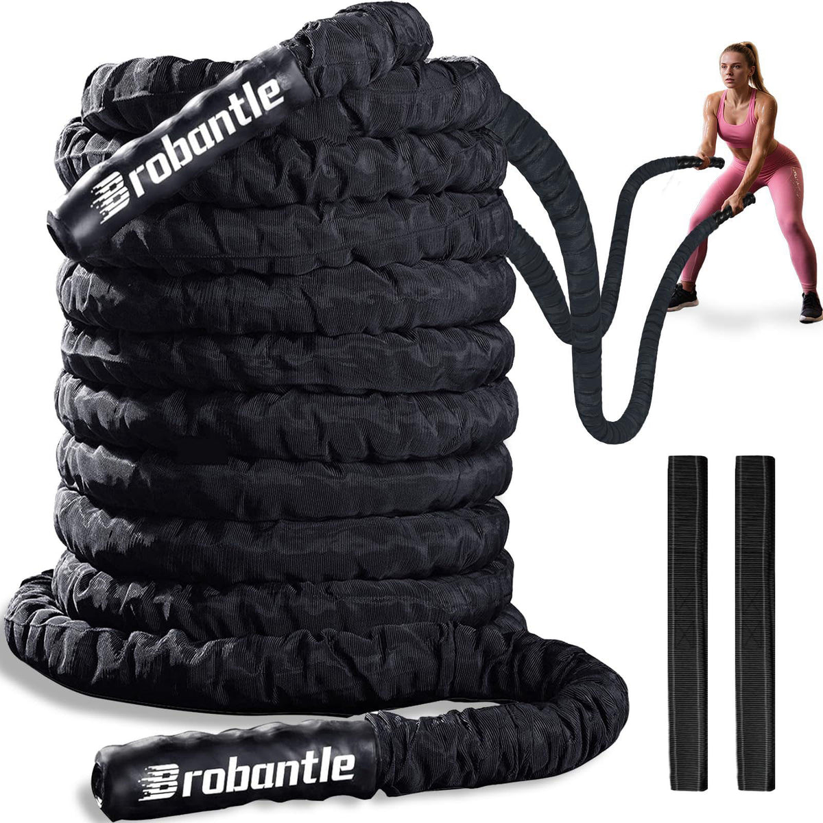Brobantle Battle Rope 1.5 Inch Diameter,Black 30FT Exercise Workout Ropes for Home Gym Heavy Weighted Training Rope for 