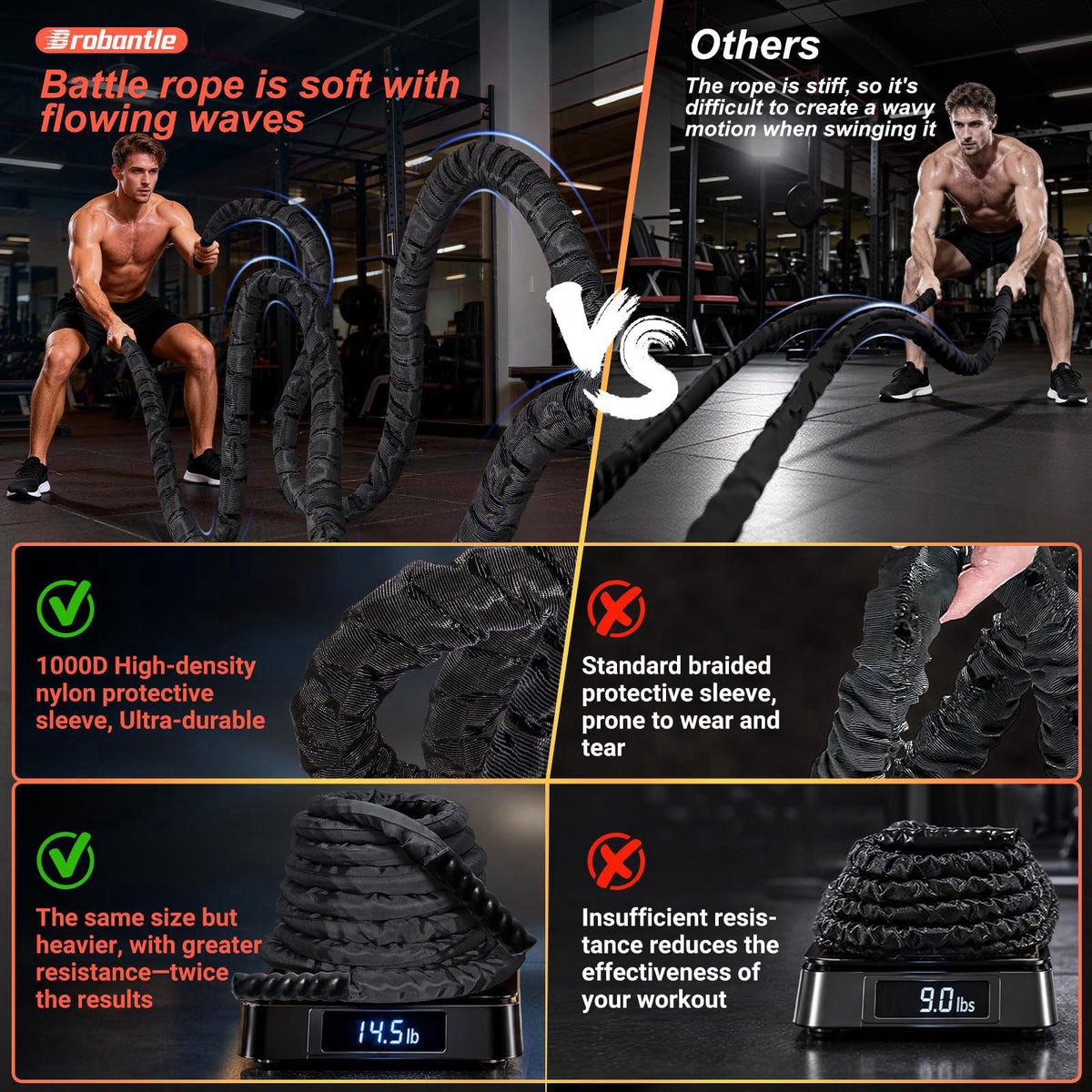Brobantle Battle Rope 1.5 Inch Diameter,Black 30FT Exercise Workout Ropes for Home Gym Heavy Weighted Training Rope for 