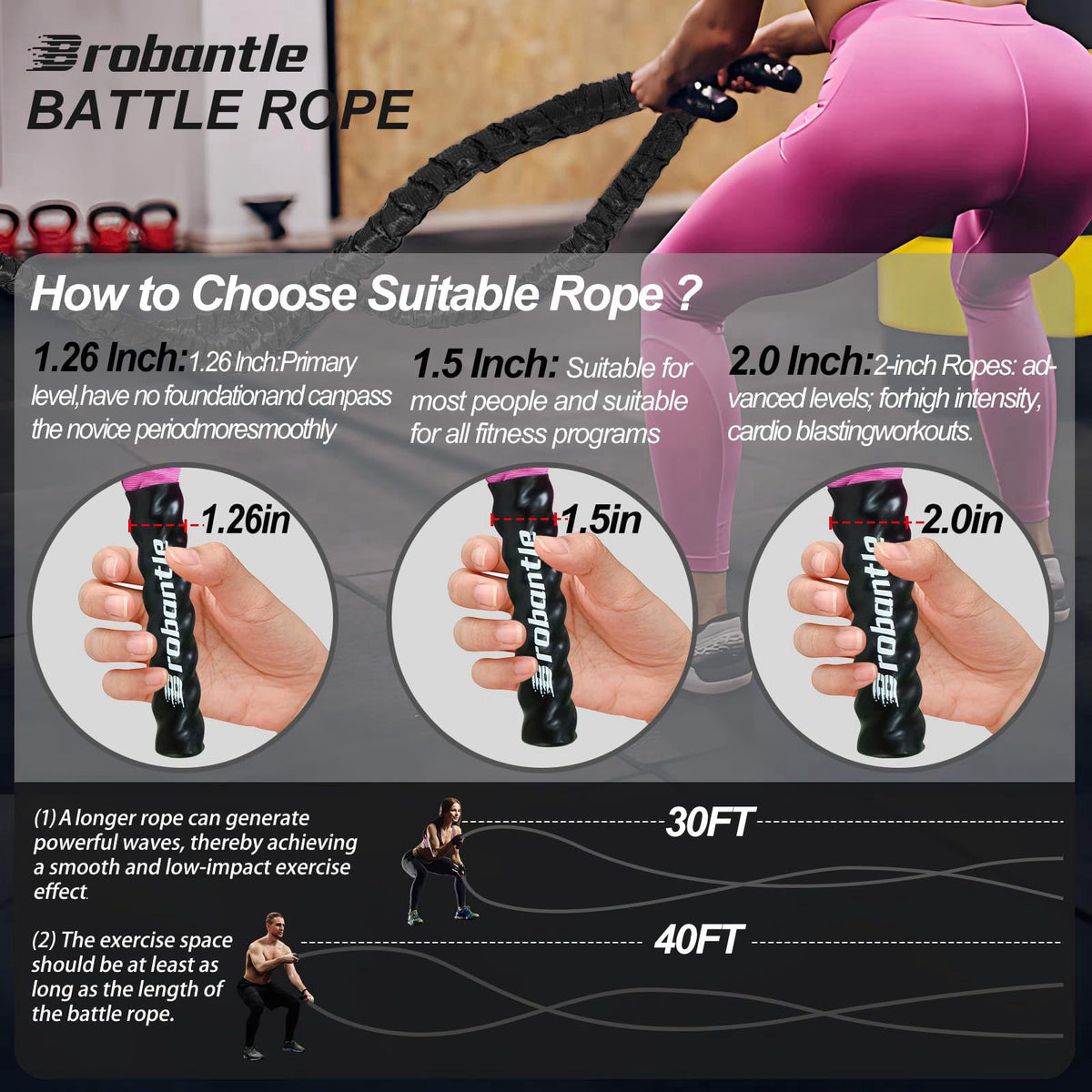 Brobantle Battle Rope 1.5 Inch Diameter,Black 30FT Exercise Workout Ropes for Home Gym Heavy Weighted Training Rope for 