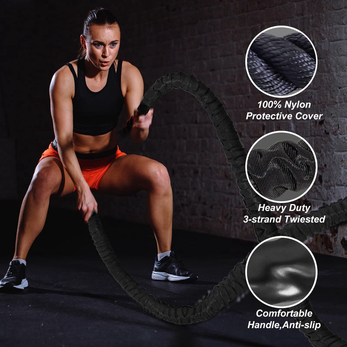 Brobantle Battle Rope 1.5 Inch Diameter,Black 30FT Exercise Workout Ropes for Home Gym Heavy Weighted Training Rope for 