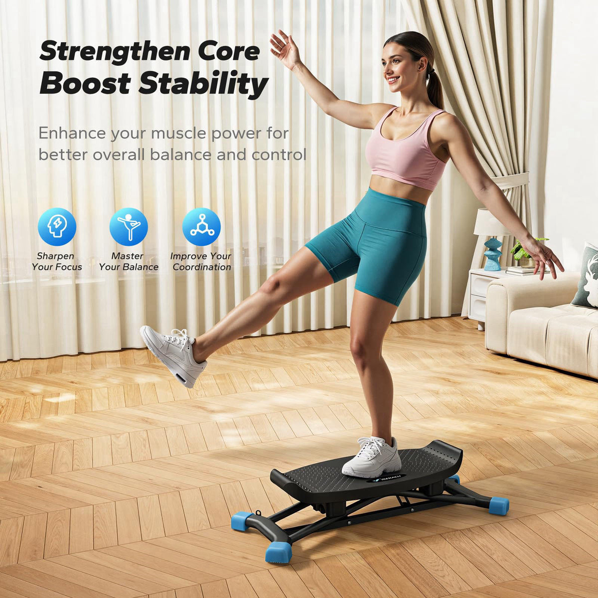 MERACH Balance Board for Adults, Rocking Stepper with Resistance Bands – packaging and label