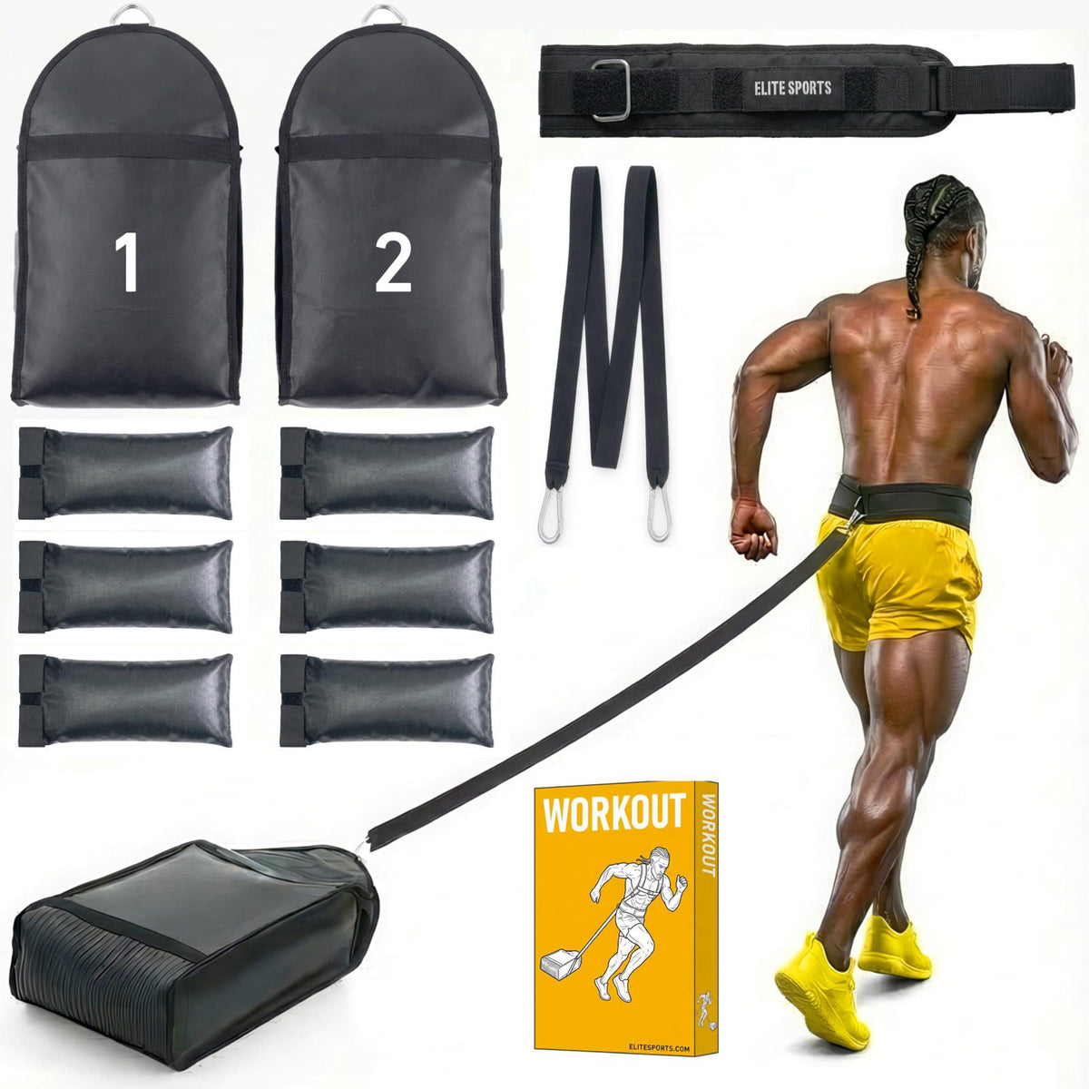 Elite Sports Elite Twin Sand Bag Sled Workout Sled – Waterproof UNFILLED Weight Sled Trainer with 6-Level 10–60 lb Resis