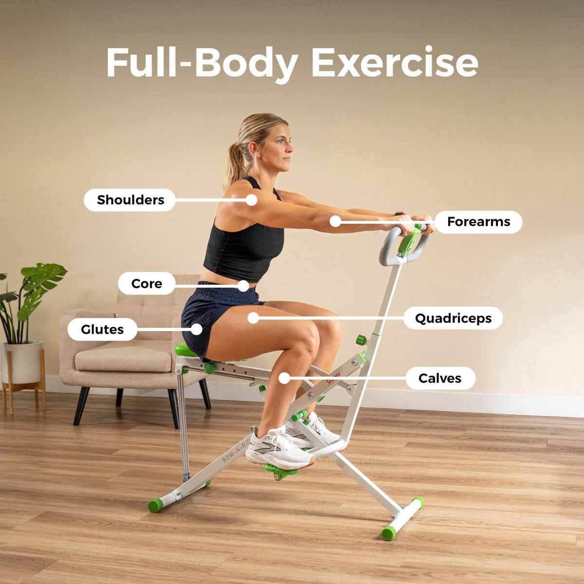 Sunny Health & Fitness Smart Row-N-Ride Glute & Leg Trainer, Foldable Squat Assist Rower with Exclusive SunnyFit App Con
