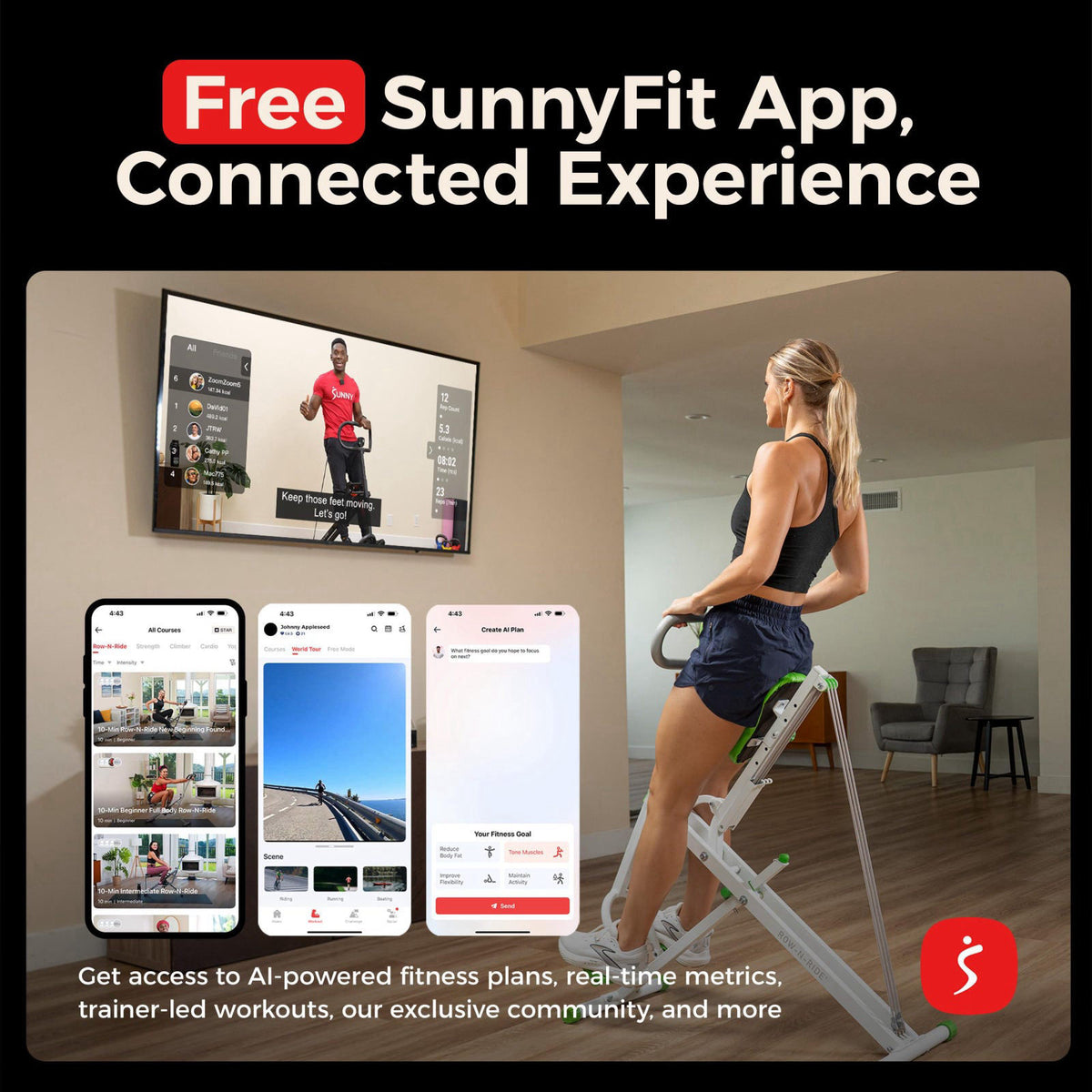 Sunny Health & Fitness Smart Row-N-Ride Glute & Leg Trainer, Foldable Squat Assist Rower with Exclusive SunnyFit App Con