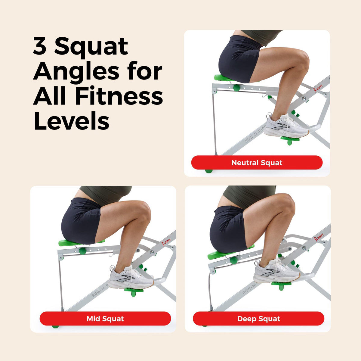 Sunny Health & Fitness Smart Row-N-Ride Glute & Leg Trainer, Foldable Squat Assist Rower with Exclusive SunnyFit App Con