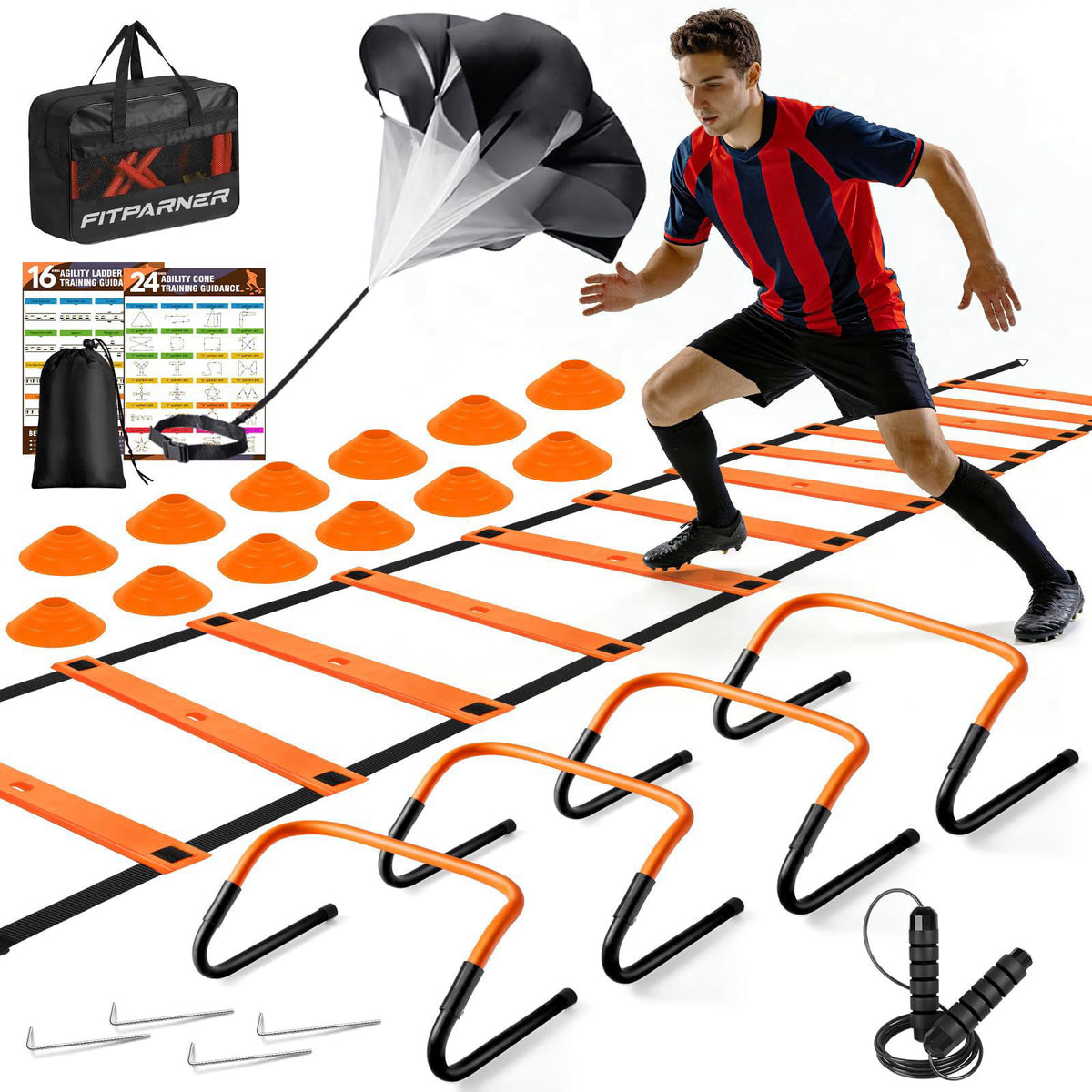 FITPARNER Agility Ladder, Soccer Football Training Equipment Set - 20ft Speed Ladder, 4 Hurdles,Parachute, 12 Cones & Ju