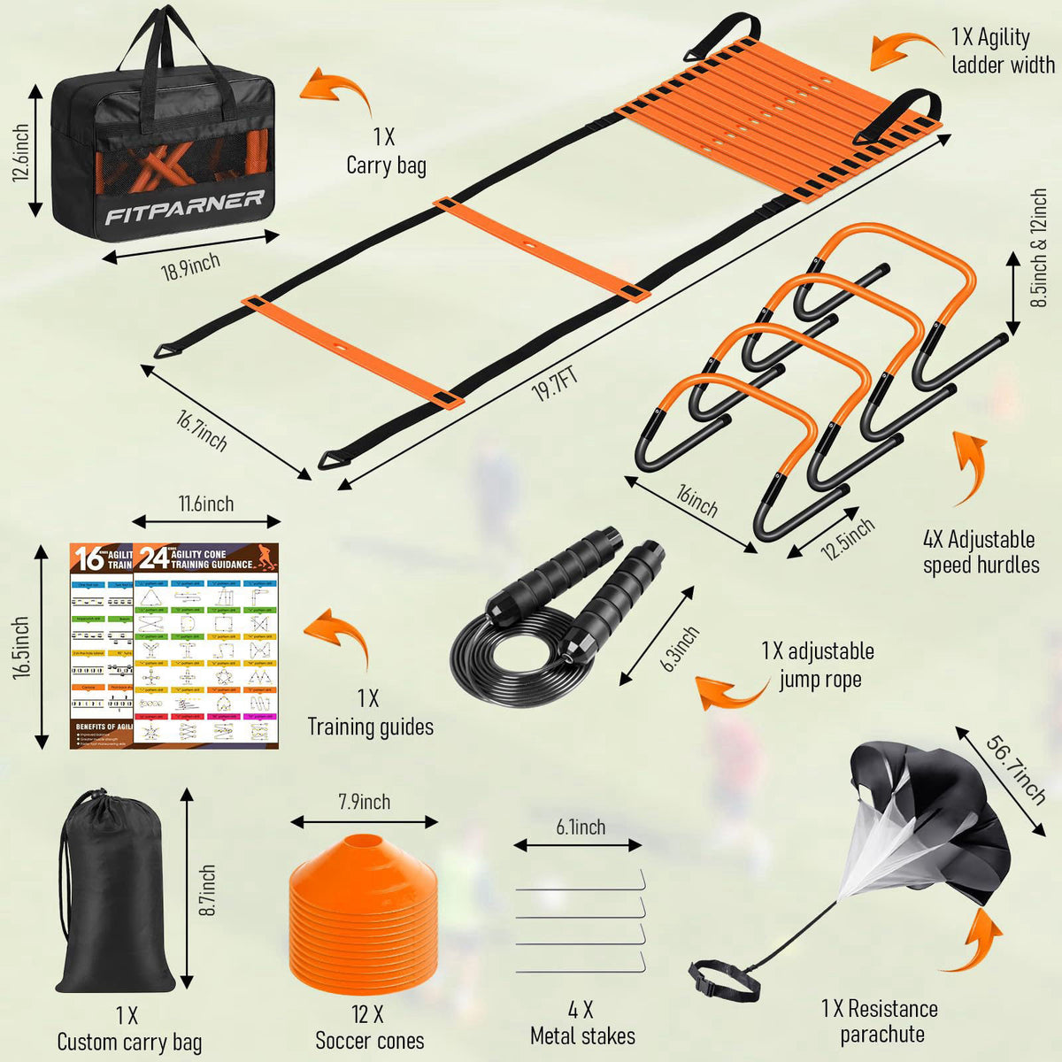 FITPARNER Agility Ladder, Soccer Football Training Equipment Set - 20ft Speed Ladder, 4 Hurdles,Parachute, 12 Cones & Ju