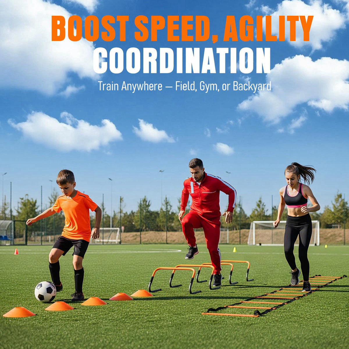 FITPARNER Agility Ladder, Soccer Football Training Equipment Set - 20ft Speed Ladder, 4 Hurdles,Parachute, 12 Cones & Ju