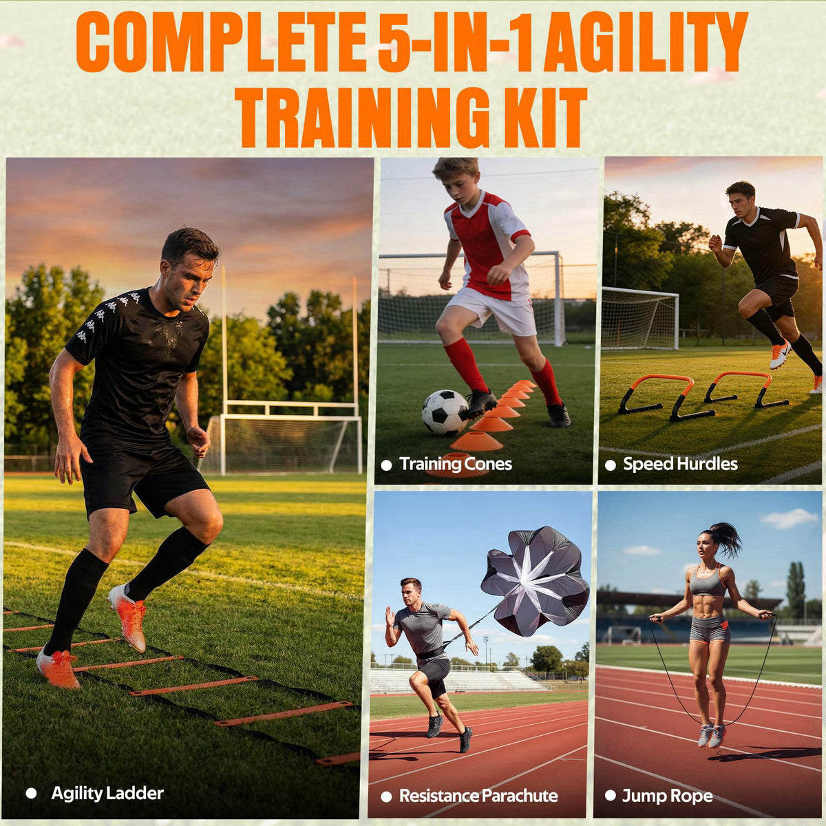 FITPARNER Agility Ladder, Soccer Football Training Equipment Set - 20ft Speed Ladder, 4 Hurdles,Parachute, 12 Cones & Ju