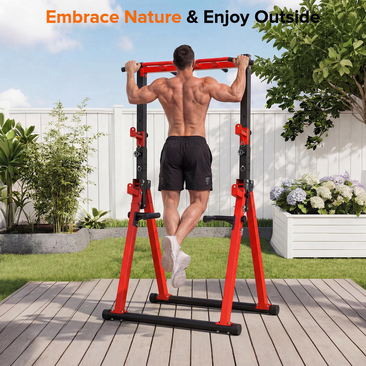 HOTCAMP 700LBS Foldable Power Tower Pull Up Bar – back view and specifications