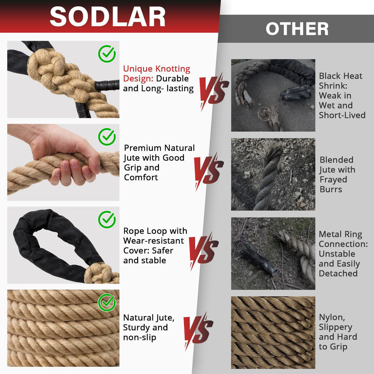 Sodlar Climbing Rope Gym Workout - 10FT 15FT 20FT 25FT 30FT 35FT Heavy Duty Jute Thick Ropes for Adults Strength Trainin
