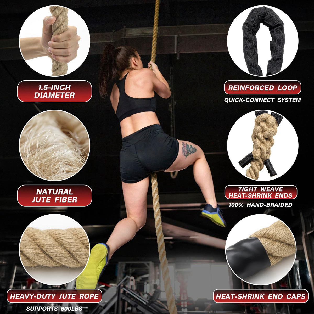 Sodlar Climbing Rope Gym Workout - 10FT 15FT 20FT 25FT 30FT 35FT Heavy Duty Jute Thick Ropes for Adults Strength Trainin