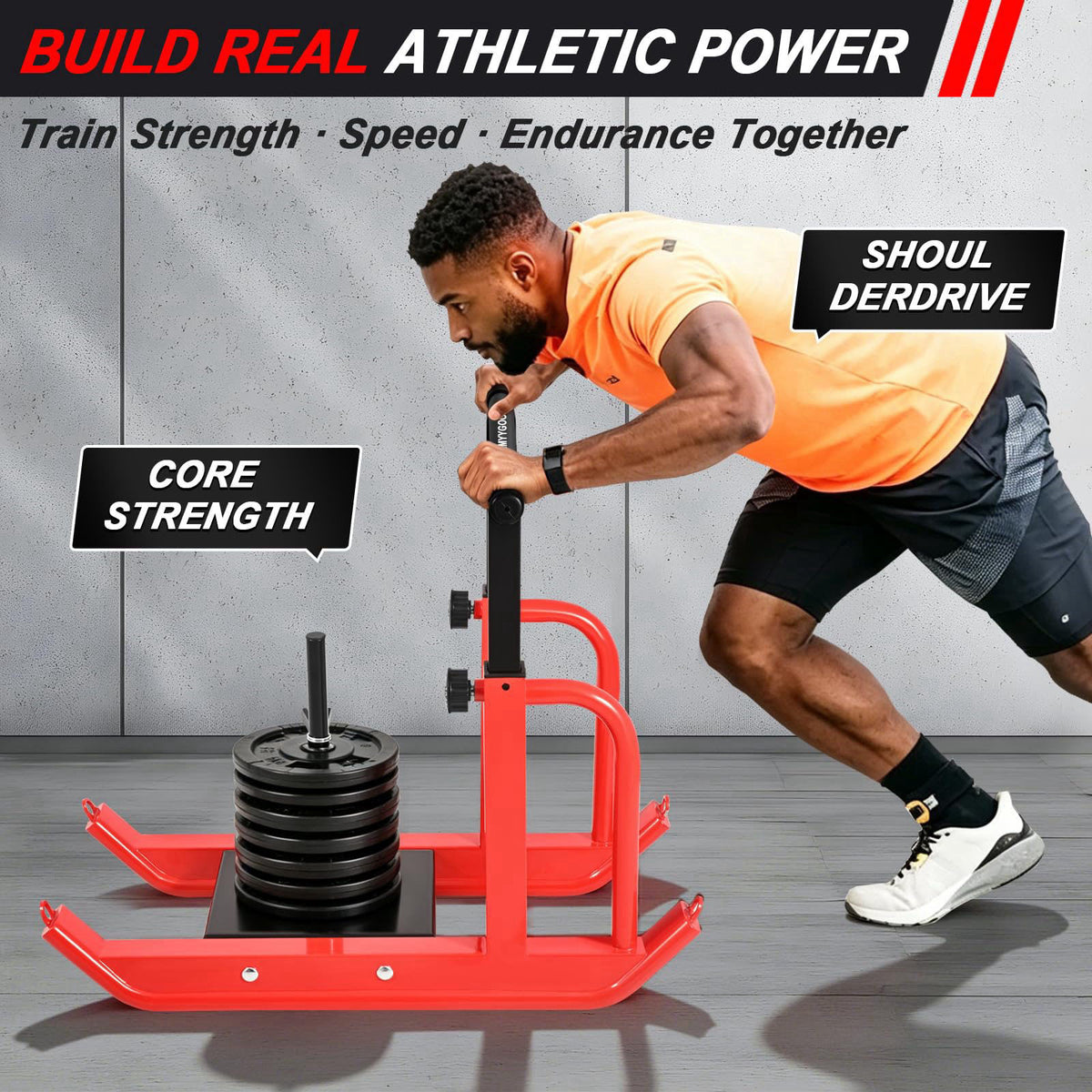 LMYYGOO Heavy-Duty Training Sled, 5-Level Height Adjustment, Push/Pull Dual-Use – packaging and label