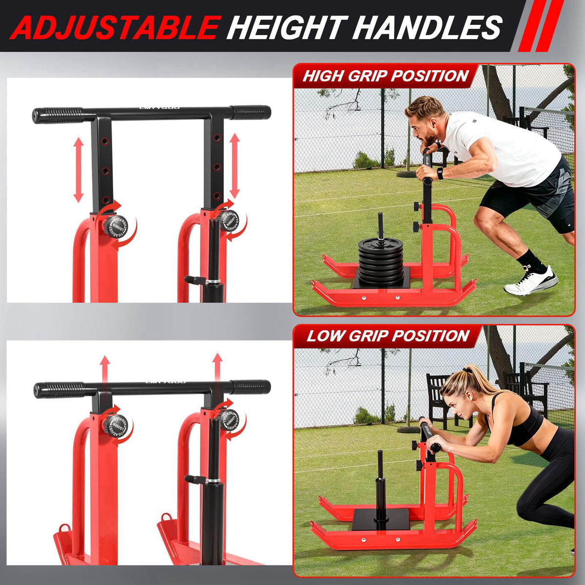 LMYYGOO Heavy-Duty Training Sled, 5-Level Height Adjustment, Push/Pull Dual-Use – back view and specifications