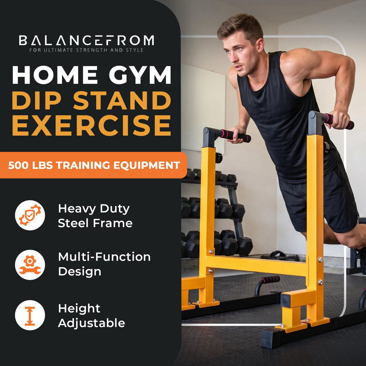 BalanceFrom Steel Frame Dip Station with Adjustable Height, 500 Pound Weight Capacity – Upper Body Workout Home Gym Equi