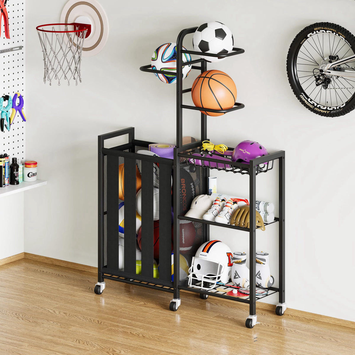 Homeiju Ball Storage Garage Sports Equipment Organizer, Metal, Black – back view and specifications