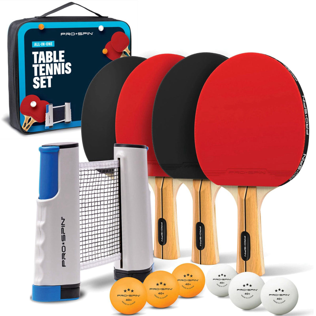 PRO-SPIN Portable Ping Pong Set with Retractable Ping Pong Net for Any Table, All-in-One Table Tennis Set with Ping Pong