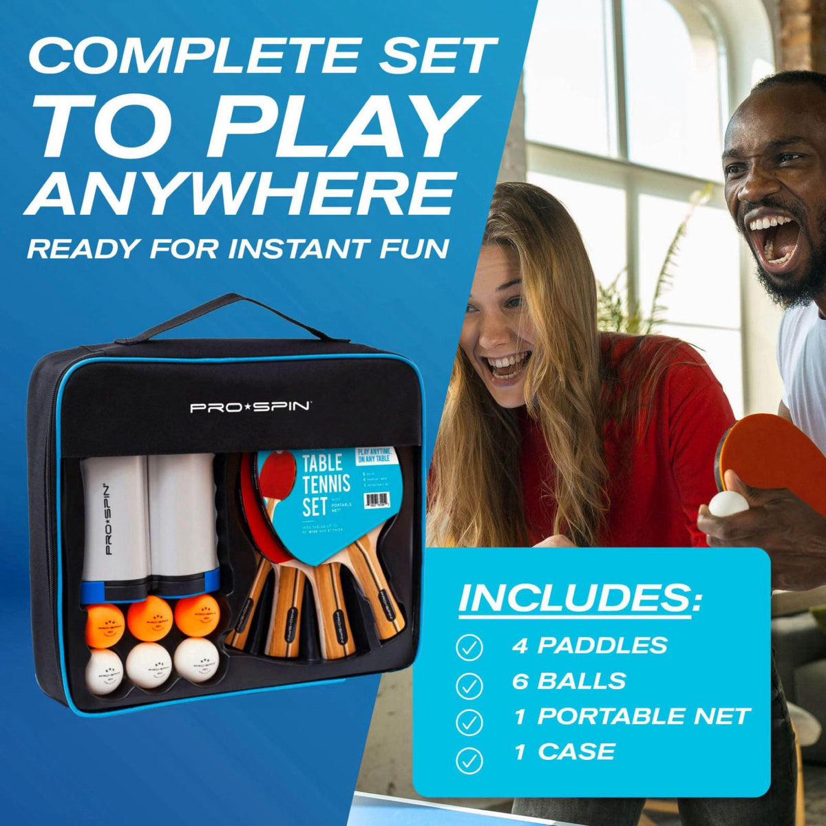 PRO-SPIN Portable Ping Pong Set with Retractable Ping Pong Net for Any Table, All-in-One Table Tennis Set with Ping Pong