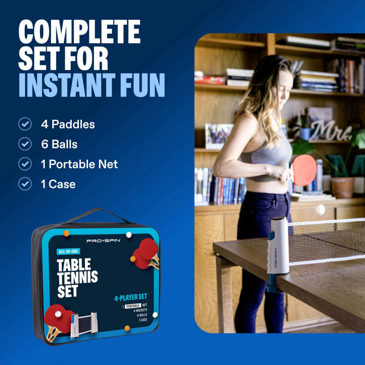 PRO-SPIN Portable Ping Pong Set with Retractable Ping Pong Net for Any Table, All-in-One Table Tennis Set with Ping Pong