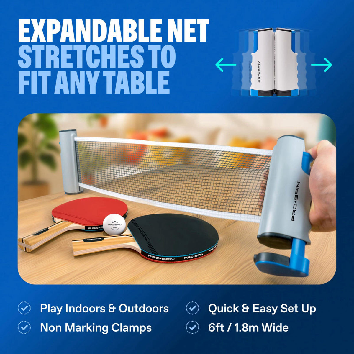 PRO-SPIN Portable Ping Pong Set with Retractable Ping Pong Net for Any Table, All-in-One Table Tennis Set with Ping Pong
