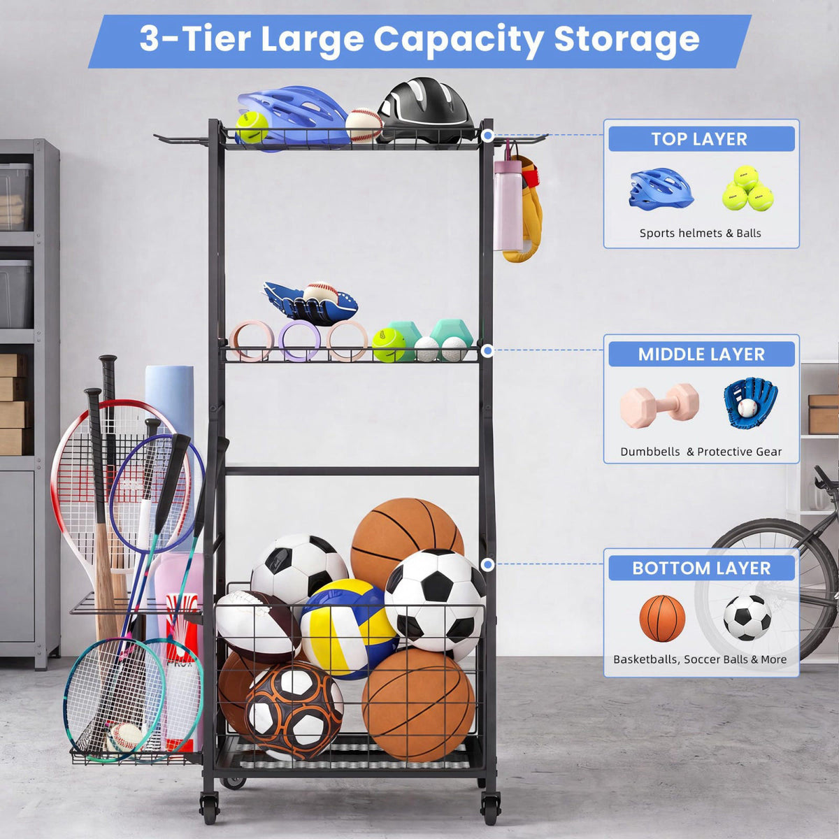 ClookRack Garage Ball Storage Sports Equipment Organizer with Bat Rack – packaging and label